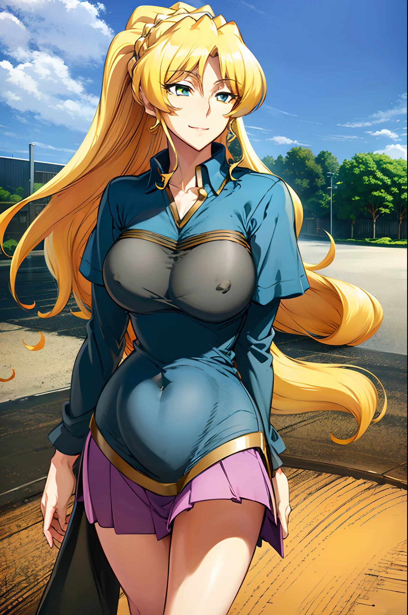 masterpiece, best quality, 1girl, alicetaria,blonde hair, long hair, ponytail, blue eyes, blue shirt, pleated skirt, solo, simple background, bikini, beach, , alicetaria and son, motherly, walking, family, mother and child,boy, smile ,Pregnant, tall woman