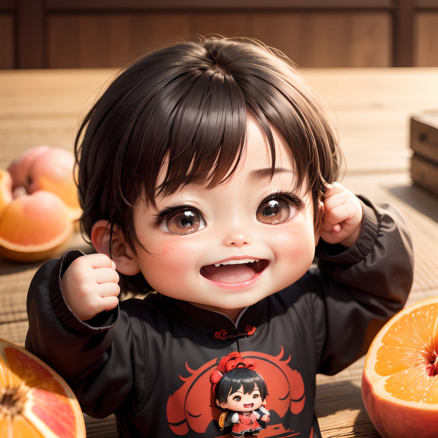 masterpiece、top-quality、ultra-detailliert、(Chibi Chara:1.2)、Ancient Chinese boy laughing happily on peaches