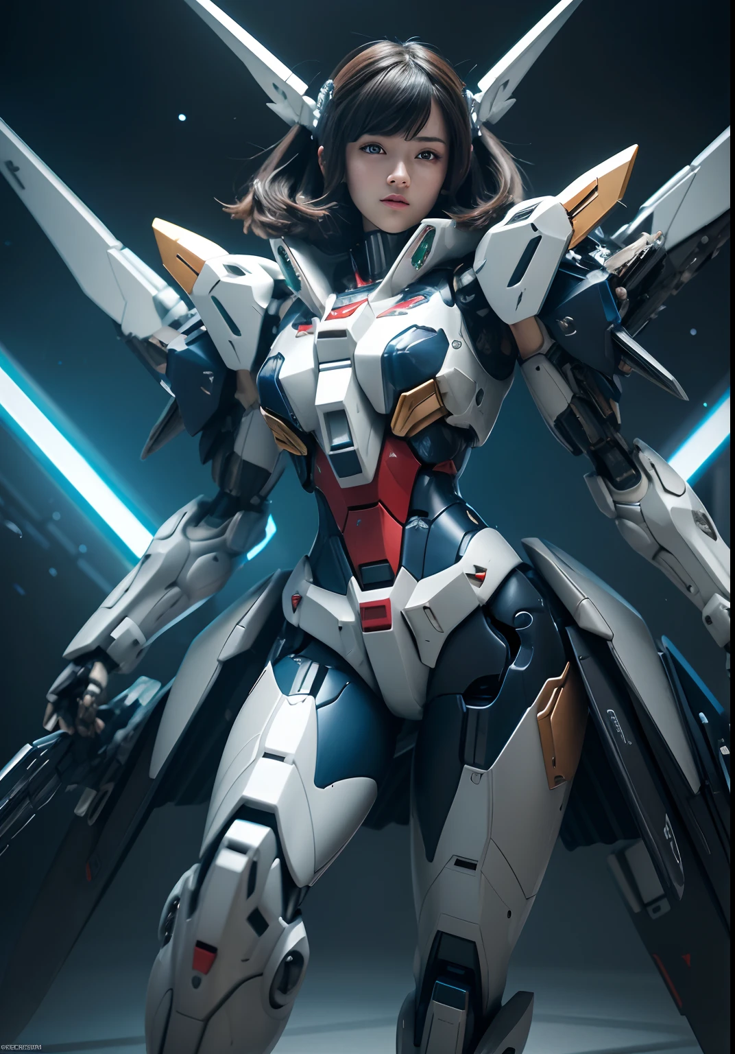 Textured skin, Super Detail, high details, High quality, Best Quality, hight resolution, 1080p, hard disk, Beautiful,(Gundam),beautiful cyborg woman,Mecha Cyborg Girl,Battle Mode,Girl with a Mecha Body,She wears a futuristic Gundam mecha,Fulll body Shot