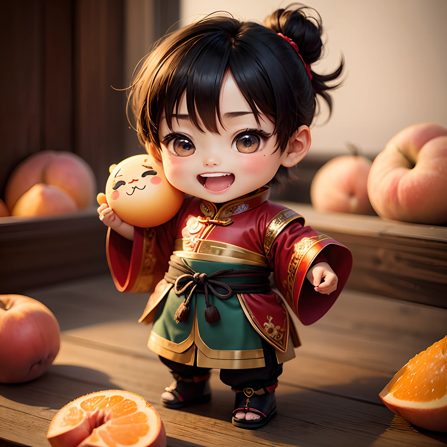 masterpiece、top-quality、ultra-detailliert、(Chibi Chara:1.2)、Ancient Chinese boy laughing happily on peaches