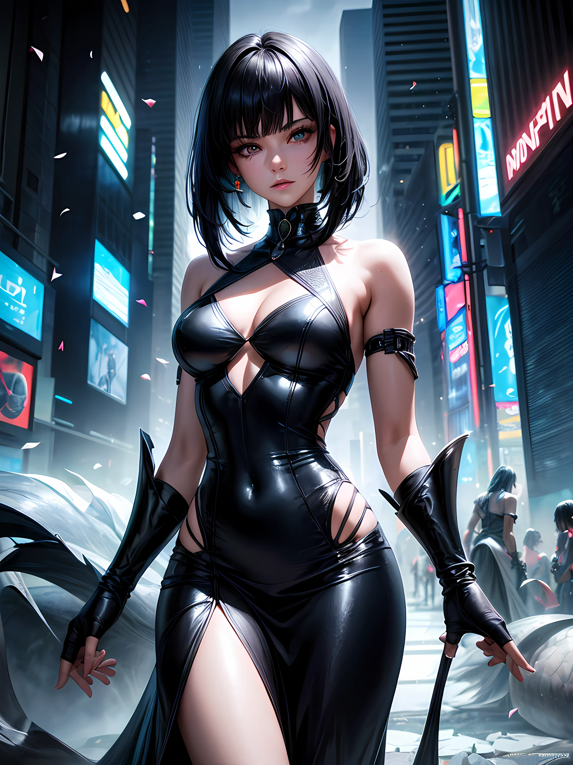 Top quality, Photorealistic, 8K, High Definition, Unity 8K wallpaper, high res, ultra sharp, masterpiece, ((masterpiece)), best quality, expressive eyes, perfect face, Super eyes, masterpiece, highly detailed exquisite character art, epic fantasy digital art style, detailed digital 3D fantasy art, ultra-realistic, 1Woman, Egyptian, Attractive, wearing a mermaid dress, shiny and silky Short black hair with Long Bangs, cityscape, cyberpunk setting, futuristic, neon highlights, neon makeup, glamorous, Coachella event, paparazzi, god rays, spotlights, confetti,