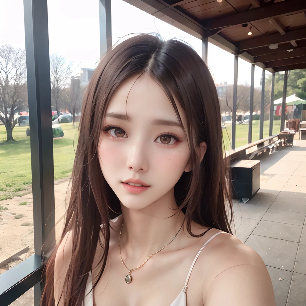 (64k, RAW photo, best quality, masterpiece:1.4), (realistic, photo-realistic:1.3), (20 years old), (1girl:1.5), (medium breasts), show cleavage, Luxurious dresses, (Insanely intricate cute face and eyes), ((face shot:1.2)), especially strong light, (upper eyes), shiny skin, (dark brown hair, semi-long cut:1.2), (flash:1.2), ((seductive posture:1.2, attractive:1.2)), ((good anatomy: 1.2)), perfect face:1.2, portrait, cowboy shot, close up:1.3, (Angry), makeup, lipgloss, blush cheeks, Detailed teeth, Detailed mouth, a necklace, piercings, Bracelet, break, (in the park)