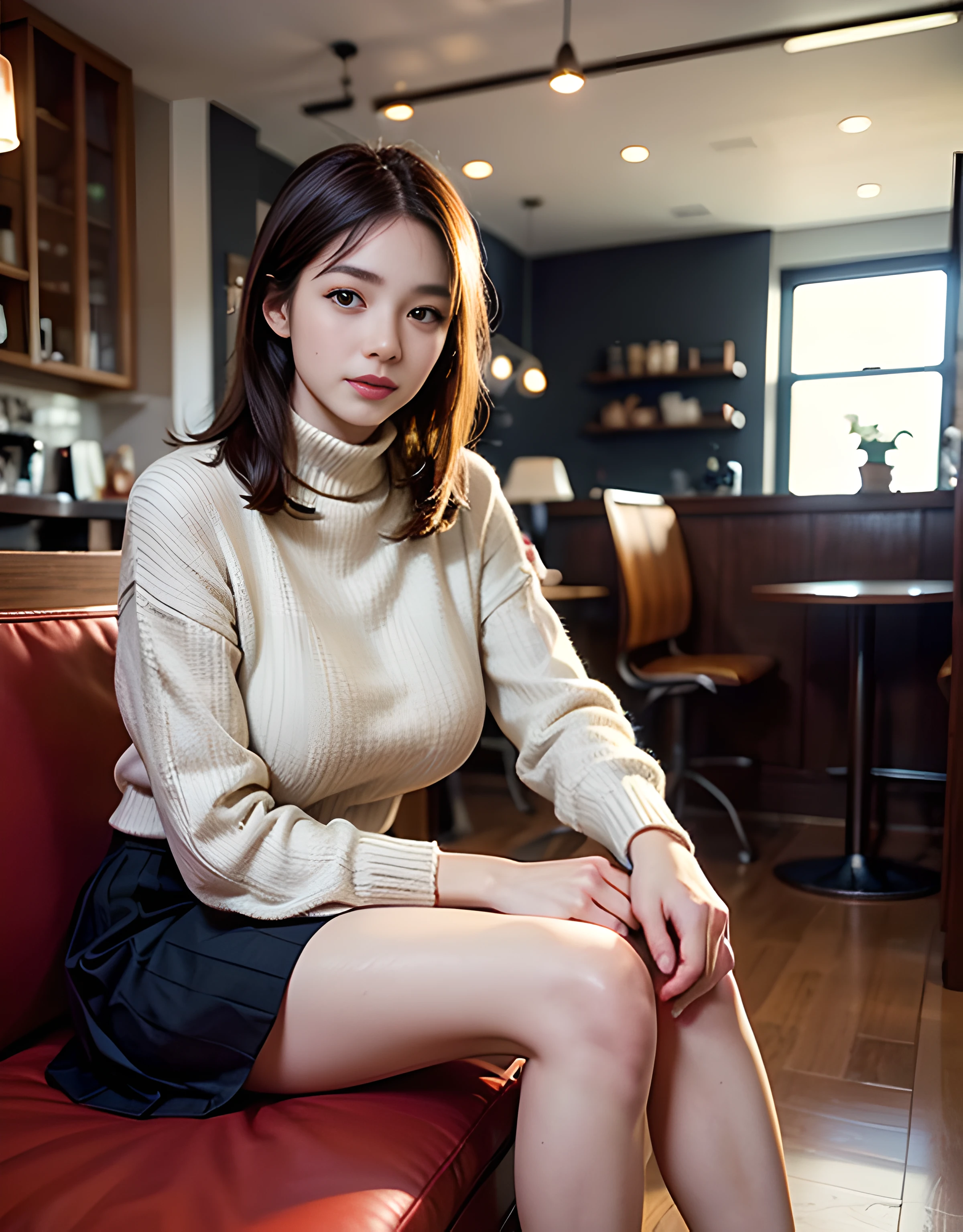 (8K high image quality), (top-quality), (RAW image quality),(masutepiece:1.2), (Realistic), (Photorealistic:1.37), Goose egg face,largeeyes,long eyelasher,Exquisite(Live-action realistic style),The Ultimate Face,Photorealistic light and shadow,Clear facial features,milky skin,Fair skin, highdetailskin,Realistic skin details,Visible Pore,(Super Detail),Hair length is random, (Flowing hair),Best portraits,Shot from a short distance, 1-girl, Cute,Beautiful detailed eyes, beautiful detailed nose, highlydetailed skin,Full body ,(eyecontact),(Colossal tits、Breast Abundance)、(Beautiful face with double eyelids),((fullbody image)), (Realism: 1.4),High image quality, excellent details, Ultra-high resolution, (Show your best smile to the audience), , favor details,,delicate and beautiful face,,20yr old,(Beautiful Face 1.4),A slender, (Knitted sweater with turtleneck:1.2)、(Pleated skirt:1.2),Filmed in the city,(It's a full-body shot.),,Show your smile,Stylish coffee shop interior,Medium Hair