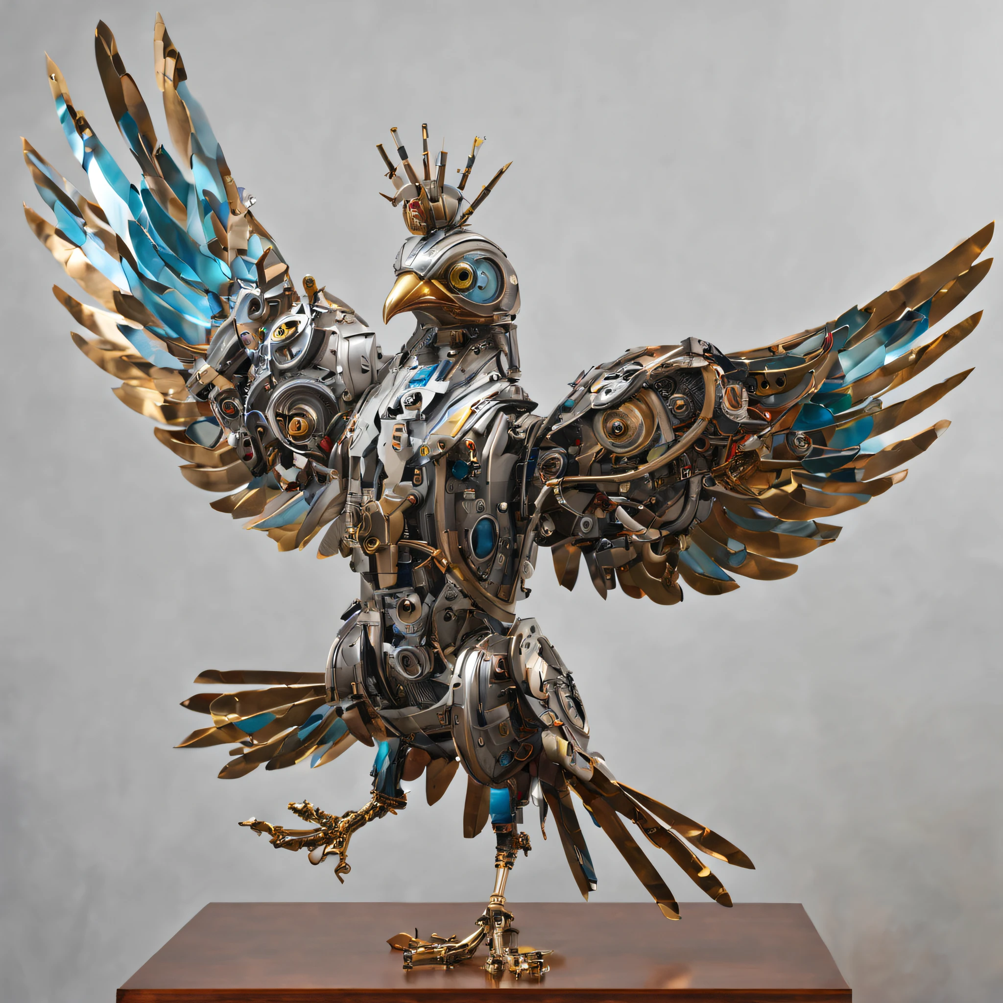 (mechanical bird:1.5), (Full -body metal: 1.5), cyborg birds, (a lot of detailed parts), mirror finishing, cinematic lighting, (Masterpiece), (Best Quality), (Ultra high Detailed), intricate details, intricate detail texture, LED eyes emit light