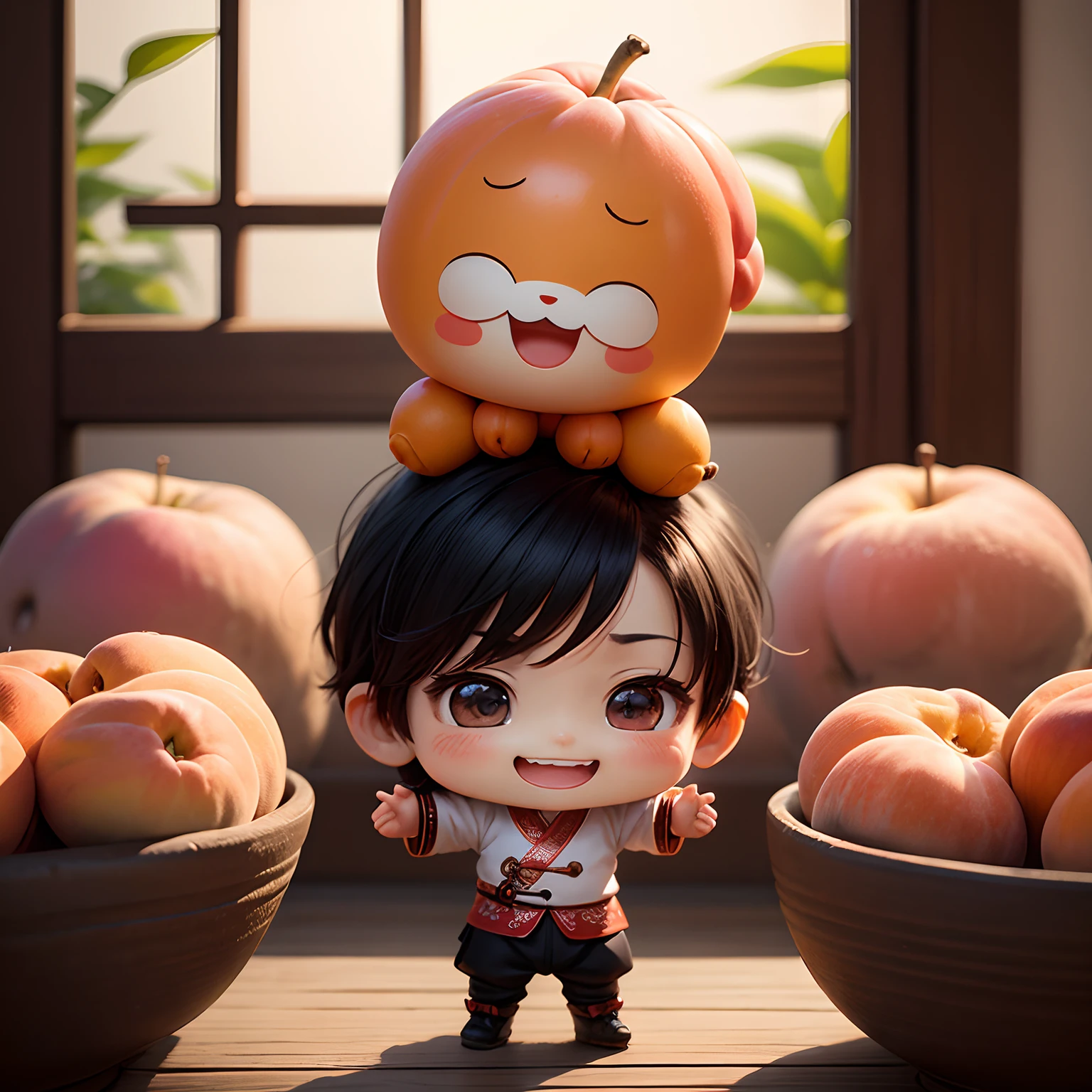 masterpiece、top-quality、ultra-detailliert、(Chibi Chara:1.2)、Ancient Chinese boy laughing happily on peaches