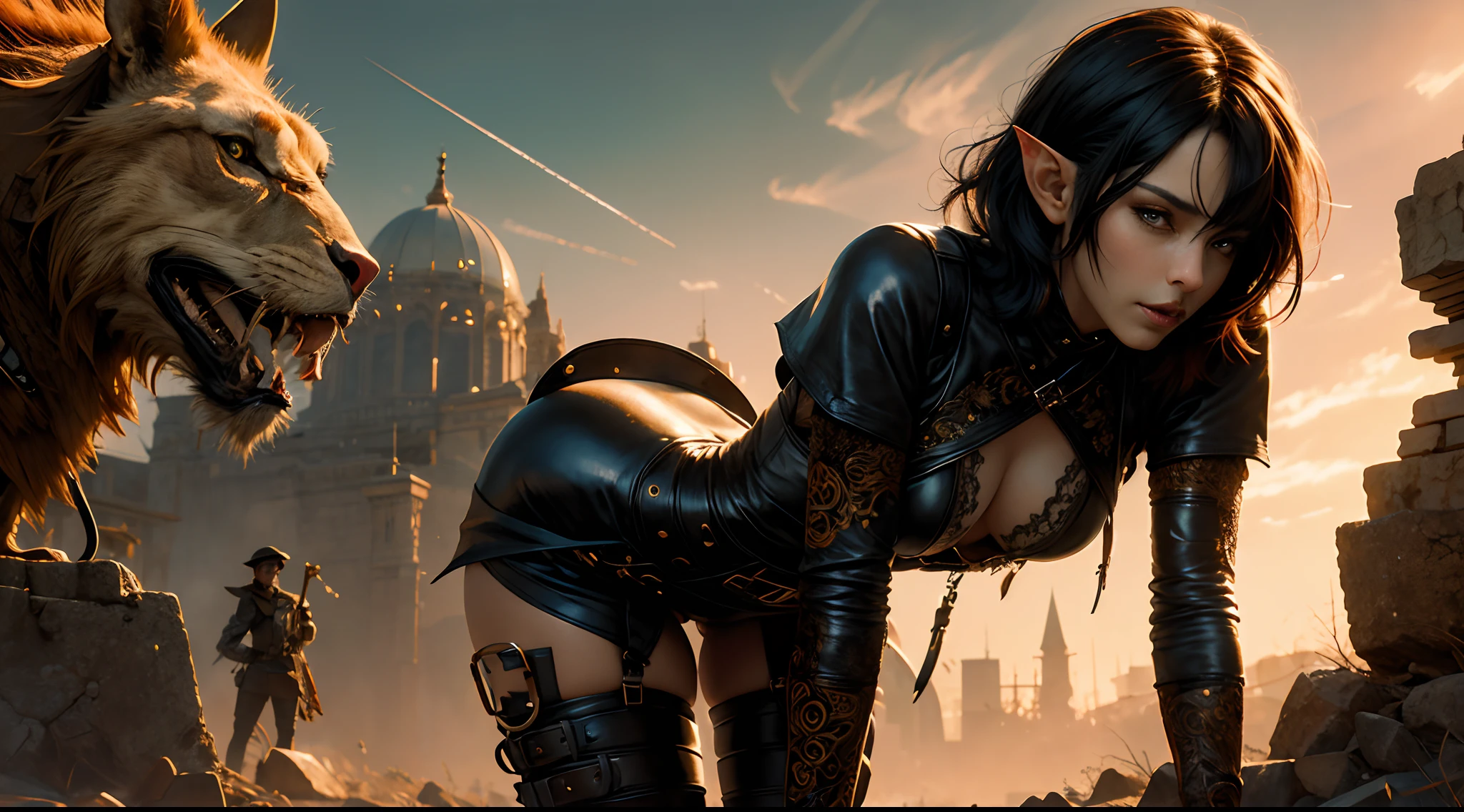 (masterpiece:1.2) (illustration:1.1) (best quality:1.2) (detailed) (intricate) (8k) (HDR) (wallpaper) (cinematic lighting) (sharp focus), (1girl), beautiful woman, skinny, elf, fair skin, short black hair, black leather, tight leather clothes, leather harness, leather staps, serious face