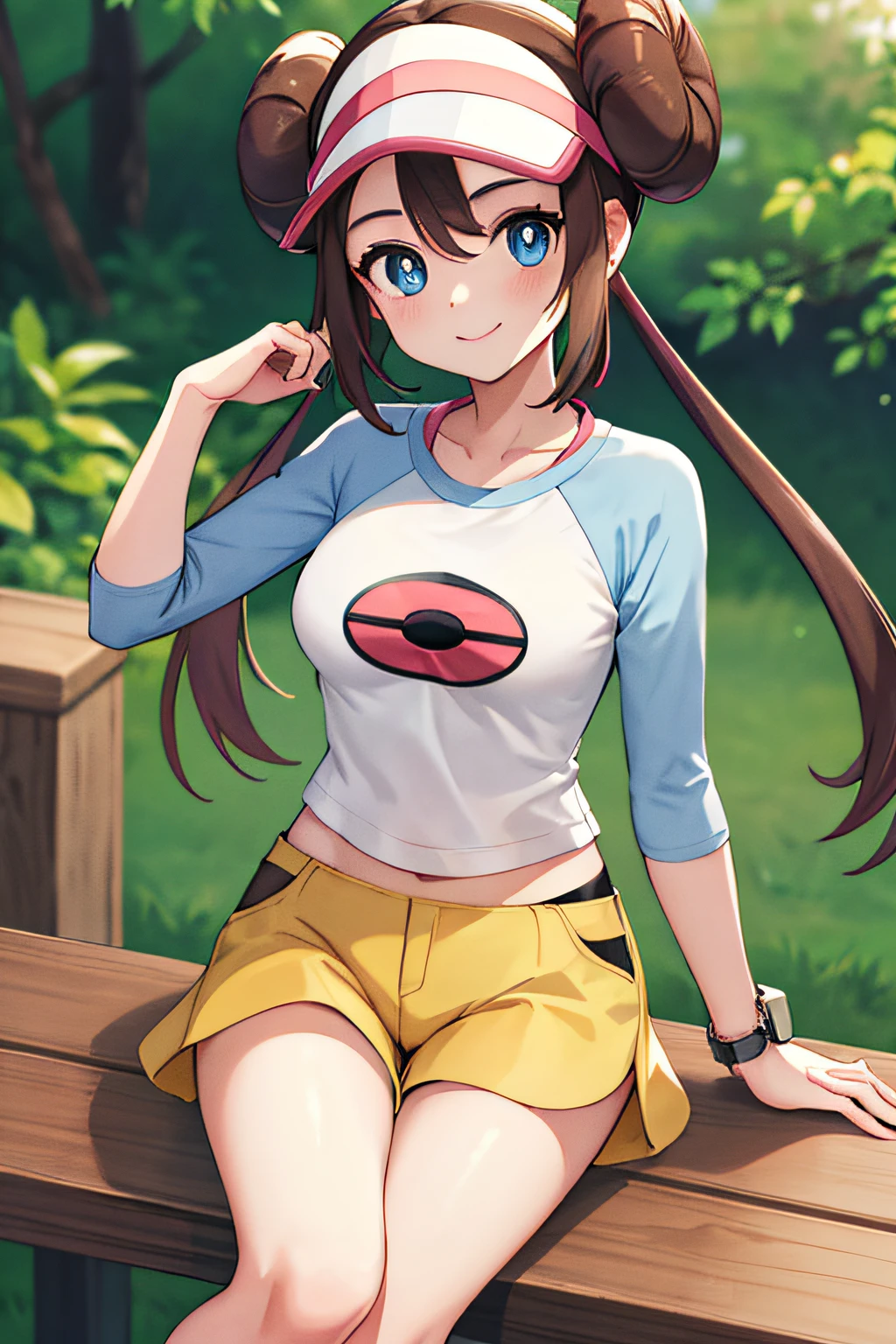 ​masterpiece, top-quality, Hi-Res, RO1, Hair buns, blue eyess, Twin-tailed, Visor Cap, panthyhose, raglan sleeves, Yellow shorts, The shirt, Pink ribbon, wrist watch, is standing, cowboy  shot, deph of field, pokeball \(basic\), a smile、Sitting on a chair