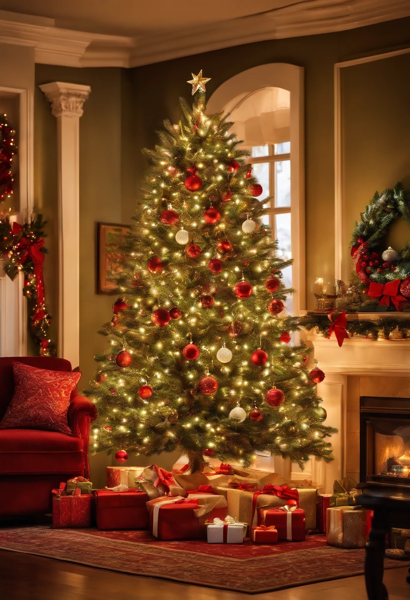 A beautiful Christmas tree,decorated with colorful ornaments and shimmering lights, standing tall in a cozy living room. The tree is adorned with delicate glass baubles, glittery snowflakes, and sparkling star tree topper. The branches are filled with lush green needles, giving the tree a full and vibrant appearance. The room is filled with warm, golden light emanating from the Christmas tree, casting a soft glow on the surrounding furniture and walls. The presents wrapped in festive paper and decorated with beautiful ribbons are placed underneath the tree, waiting to be opened with excitement. The atmosphere is filled with joy and anticipation, as the scent of pine fills the air. The Christmas tree twinkles with enchantment, creating a magical ambiance. The colors range from deep reds and greens to icy blues and shimmering silvers, adding a touch of elegance and festive spirit to the room. The lights on the tree flicker and dance in a mesmerizing pattern, creating a whimsical feeling. The ornaments reflect the gleaming lights, adding a touch of sparkle and glamour. The surrounding furniture is cozy and inviting, with comfortable armchairs and a plush area rug. The room is adorned with garlands and wreaths, adding a touch of greenery and festive cheer. The scene captures the essence of the holiday season, evoking feelings of warmth, family, and celebration. (best quality, 4k, highres), (ultra-detailed), (realistic), (vivid colors), (bokeh),Christmas scenery, holiday decorations, festive atmosphere, joyful celebration, traditional ornaments, glowing lights, warm and cozy, family gathering, magical ambiance, gift giving, anticipation, enchanting feels, merry and bright, traditional Christmas colors.