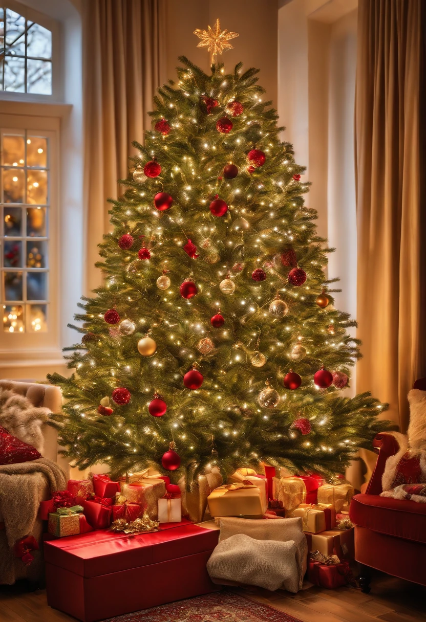 A beautiful Christmas tree,decorated with colorful ornaments and shimmering lights, standing tall in a cozy living room. The tree is adorned with delicate glass baubles, glittery snowflakes, and sparkling star tree topper. The branches are filled with lush green needles, giving the tree a full and vibrant appearance. The room is filled with warm, golden light emanating from the Christmas tree, casting a soft glow on the surrounding furniture and walls. The presents wrapped in festive paper and decorated with beautiful ribbons are placed underneath the tree, waiting to be opened with excitement. The atmosphere is filled with joy and anticipation, as the scent of pine fills the air. The Christmas tree twinkles with enchantment, creating a magical ambiance. The colors range from deep reds and greens to icy blues and shimmering silvers, adding a touch of elegance and festive spirit to the room. The lights on the tree flicker and dance in a mesmerizing pattern, creating a whimsical feeling. The ornaments reflect the gleaming lights, adding a touch of sparkle and glamour. The surrounding furniture is cozy and inviting, with comfortable armchairs and a plush area rug. The room is adorned with garlands and wreaths, adding a touch of greenery and festive cheer. The scene captures the essence of the holiday season, evoking feelings of warmth, family, and celebration. (best quality, 4k, highres), (ultra-detailed), (realistic), (vivid colors), (bokeh),Christmas scenery, holiday decorations, festive atmosphere, joyful celebration, traditional ornaments, glowing lights, warm and cozy, family gathering, magical ambiance, gift giving, anticipation, enchanting feels, merry and bright, traditional Christmas colors.