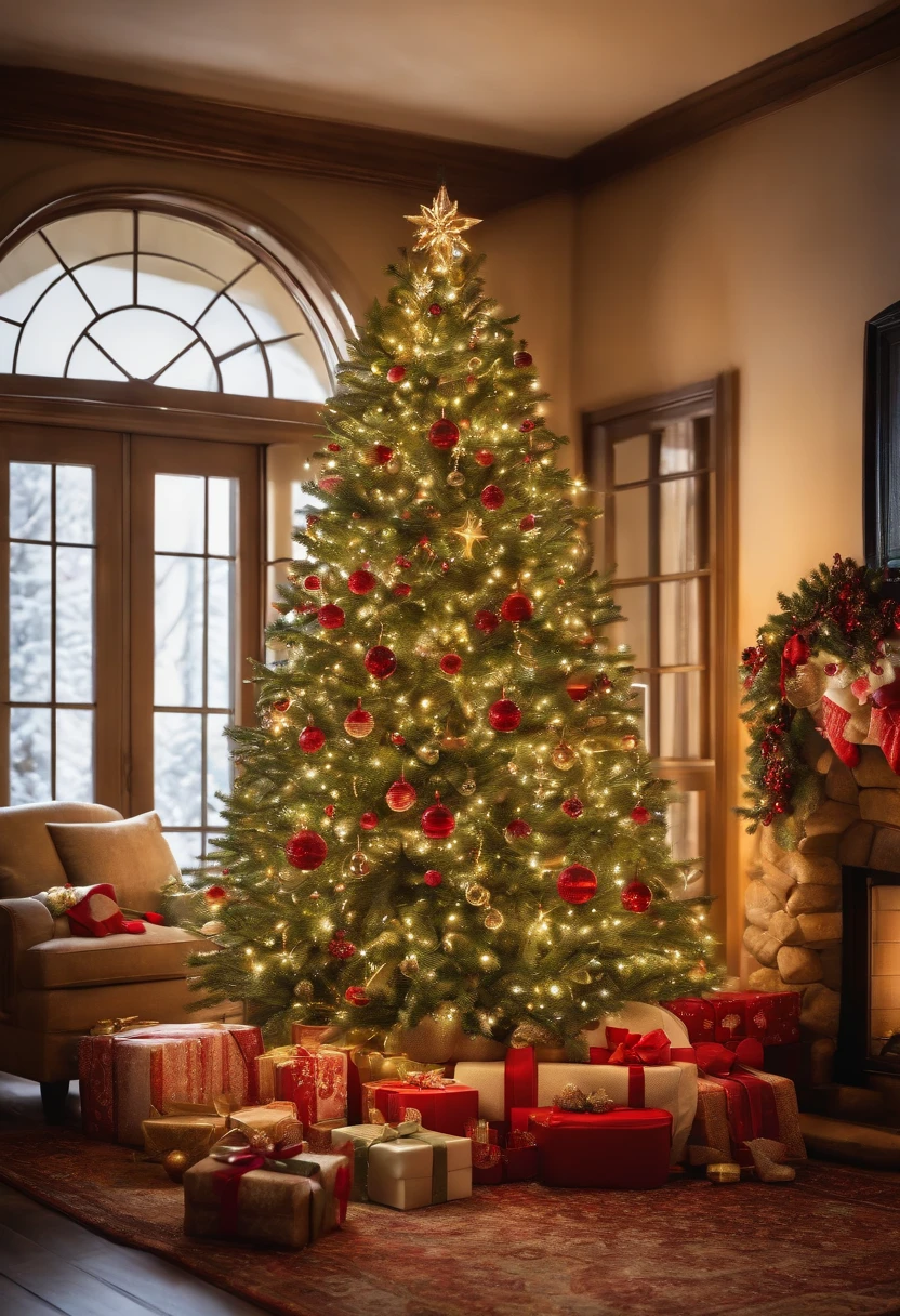 A beautiful Christmas tree,decorated with colorful ornaments and shimmering lights, standing tall in a cozy living room. The tree is adorned with delicate glass baubles, glittery snowflakes, and sparkling star tree topper. The branches are filled with lush green needles, giving the tree a full and vibrant appearance. The room is filled with warm, golden light emanating from the Christmas tree, casting a soft glow on the surrounding furniture and walls. The presents wrapped in festive paper and decorated with beautiful ribbons are placed underneath the tree, waiting to be opened with excitement. The atmosphere is filled with joy and anticipation, as the scent of pine fills the air. The Christmas tree twinkles with enchantment, creating a magical ambiance. The colors range from deep reds and greens to icy blues and shimmering silvers, adding a touch of elegance and festive spirit to the room. The lights on the tree flicker and dance in a mesmerizing pattern, creating a whimsical feeling. The ornaments reflect the gleaming lights, adding a touch of sparkle and glamour. The surrounding furniture is cozy and inviting, with comfortable armchairs and a plush area rug. The room is adorned with garlands and wreaths, adding a touch of greenery and festive cheer. The scene captures the essence of the holiday season, evoking feelings of warmth, family, and celebration. (best quality, 4k, highres), (ultra-detailed), (realistic), (vivid colors), (bokeh)，Christmas scenery, holiday decorations, festive atmosphere, joyful celebration, traditional ornaments, glowing lights, warm and cozy, family gathering, magical ambiance, gift giving, anticipation, enchanting feels, merry and bright, traditional Christmas colors.