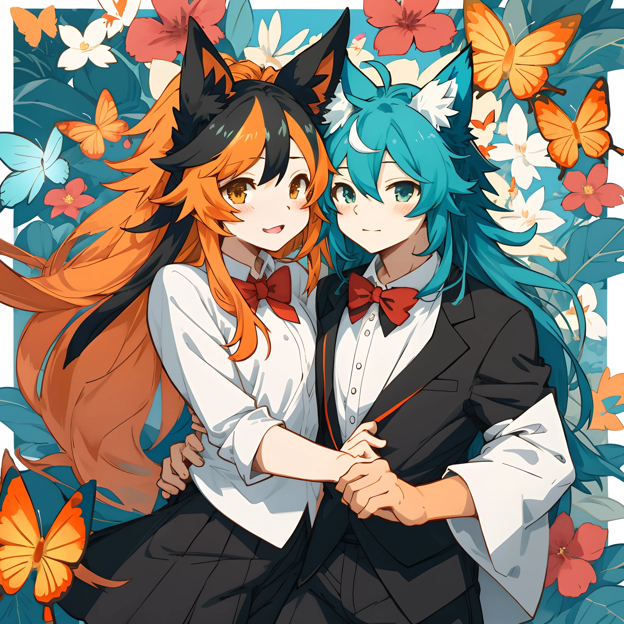 An anime style illustration, long hair with orange and blue highlights, kemono, black and white outfit with a red bowtie, and a colorful background with flowers and butterflies,