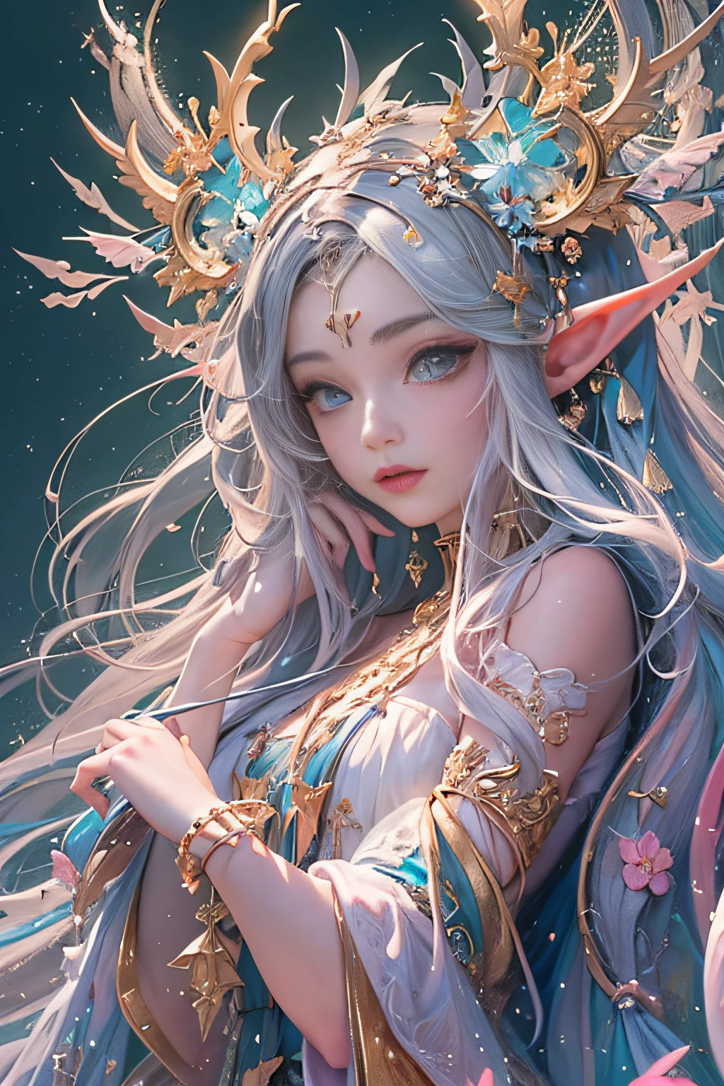 (Masterpiece, Top quality, Best quality, offcial art, Beautiful and aesthetic:1.2), (1 Elf Girl), Extremely detailed, Invisible long hair, (Fractal art:1.3),Colorful, Cinematic lighting,Shift to a hand-drawn style