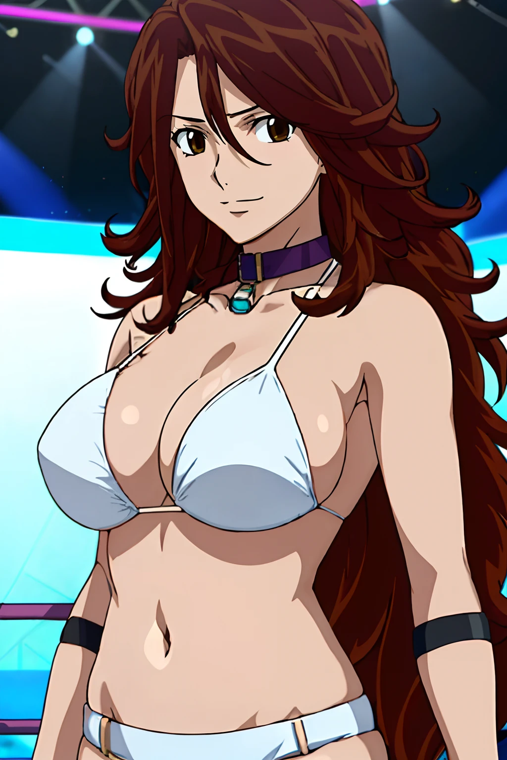 curvy belly, titration screen,, Elegant lady, (upper body only), anime style: 1.8, anime drawing, ultra detailed face, ultra detailed body, 4k, Sumergai Lee Noriega, (standing), best quality, anime style, hires, highest definition, digital blending, bold drawing lines, ((wwe diva), (location: wrestling arena, crowds watching), ( slim body, (thick arms), , broad shoulders, closed fists, (very curvy: 2.8)), ((white bikini, only, white gloves, collar, hand protector, (champion belt on bare belly))), loser, defeated, sad, (pale skin, very big breasts, smile), (big eyes, brown eyes), (clapping), ( brown hair, loose hair, curly hair, wavy hair, long hair, missy hair), 27 years old,
