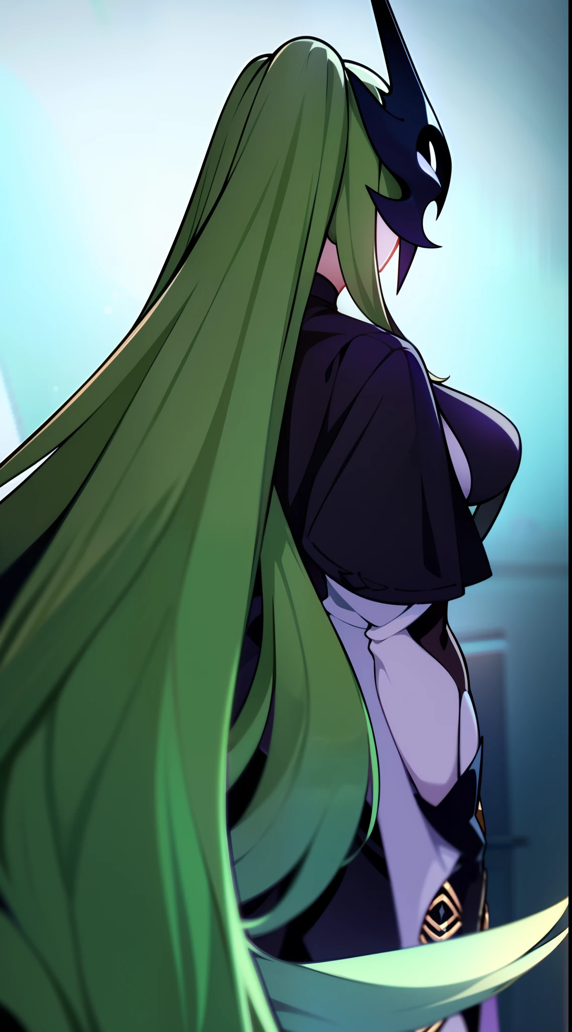 Adult woman, long green hair, high ponytail, white eyes, Black Dense Shape, mask, angry, seen from behind, Smile, Masterpiece, hiquality, 4k, HD, Good detail