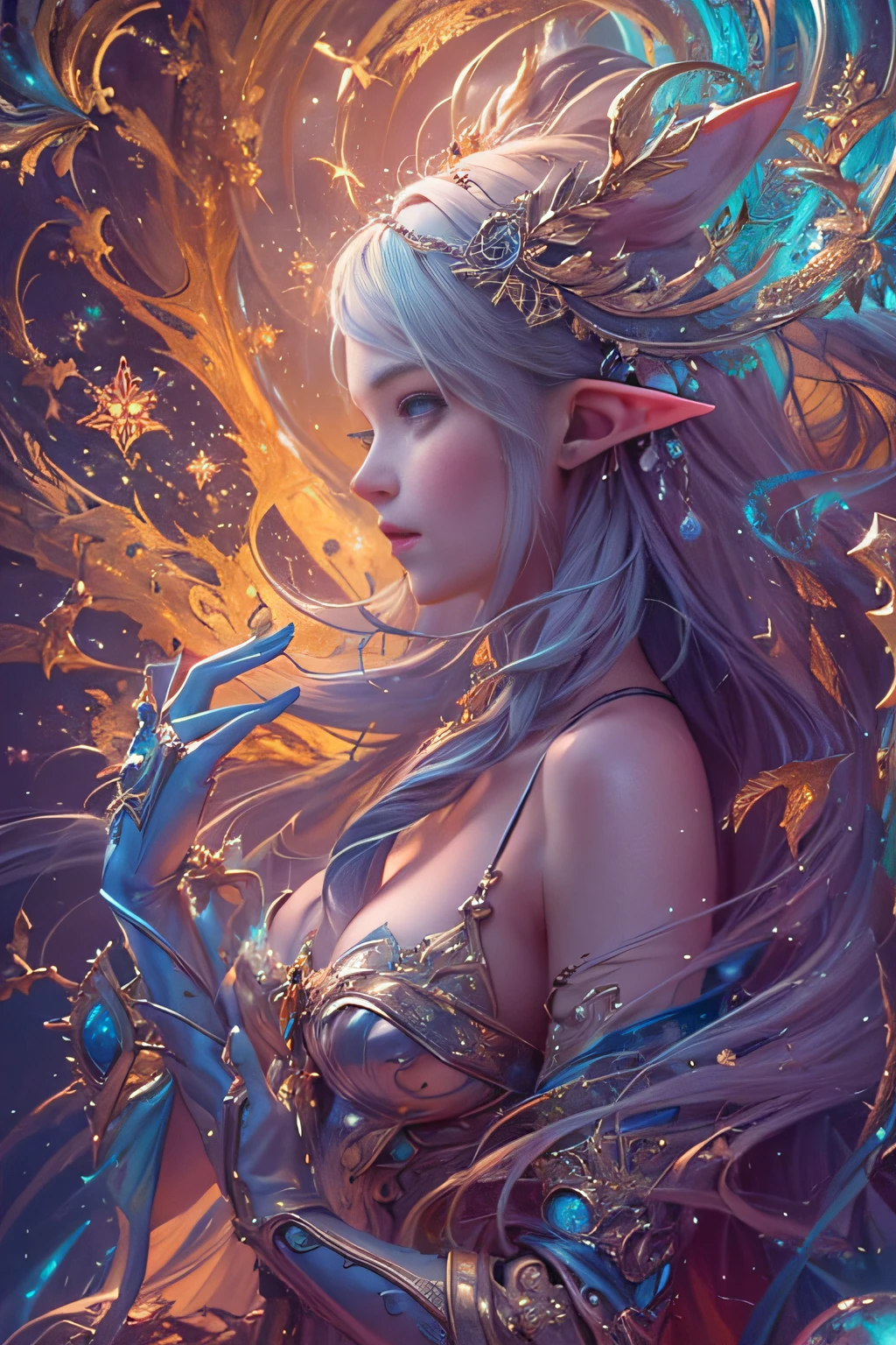 (Masterpiece, Top quality, Best quality, offcial art, Beautiful and aesthetic:1.2), (1 Elf Girl), Extremely detailed, Invisible long hair, (Fractal art:1.3),Colorful, Cinematic lighting,Shift to a hand-drawn style