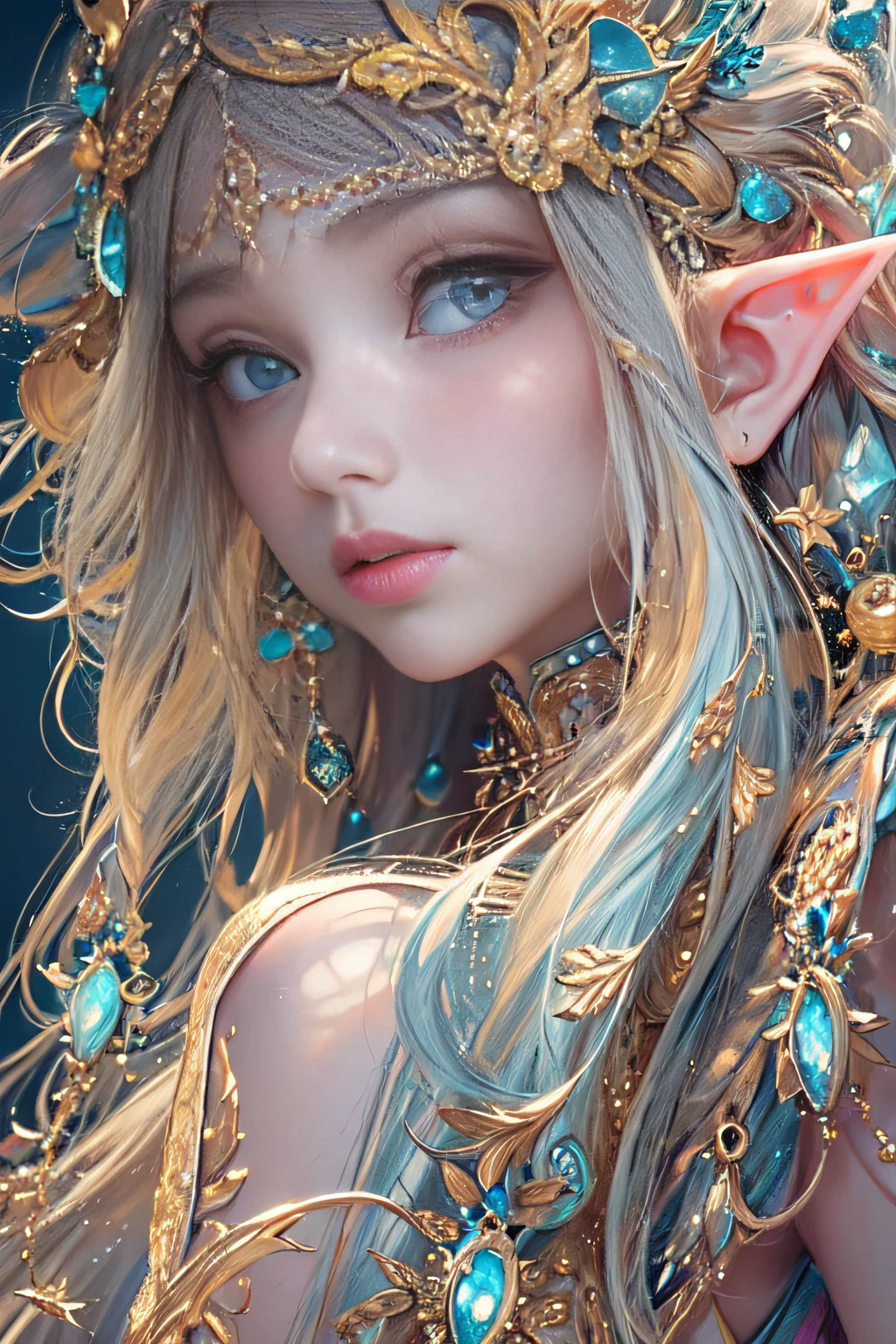 (Masterpiece, Top quality, Best quality, offcial art, Beautiful and aesthetic:1.2), (1 Elf Girl), Extremely detailed, Invisible long hair, (Fractal art:1.3),Colorful, Cinematic lighting,Shift to a hand-drawn style