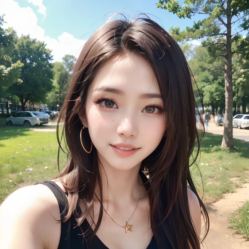 (64k, RAW photo, best quality, masterpiece:1.4), (realistic, photo-realistic:1.3), (20 years old), (1girl:1.5), (medium breasts), show cleavage, Luxurious dresses, (Insanely intricate cute face and eyes), ((face shot:1.2)), especially strong light, (upper eyes), shiny skin, (dark brown hair, semi-long cut:1.2), (flash:1.2), ((seductive posture:1.2, attractive:1.2)), ((good anatomy: 1.2)), perfect face:1.2, portrait, cowboy shot, close up:1.3, (charming smile), makeup, lipgloss, blush cheeks, Detailed teeth, Detailed mouth, a necklace, piercings, Bracelet, break, (in the park)