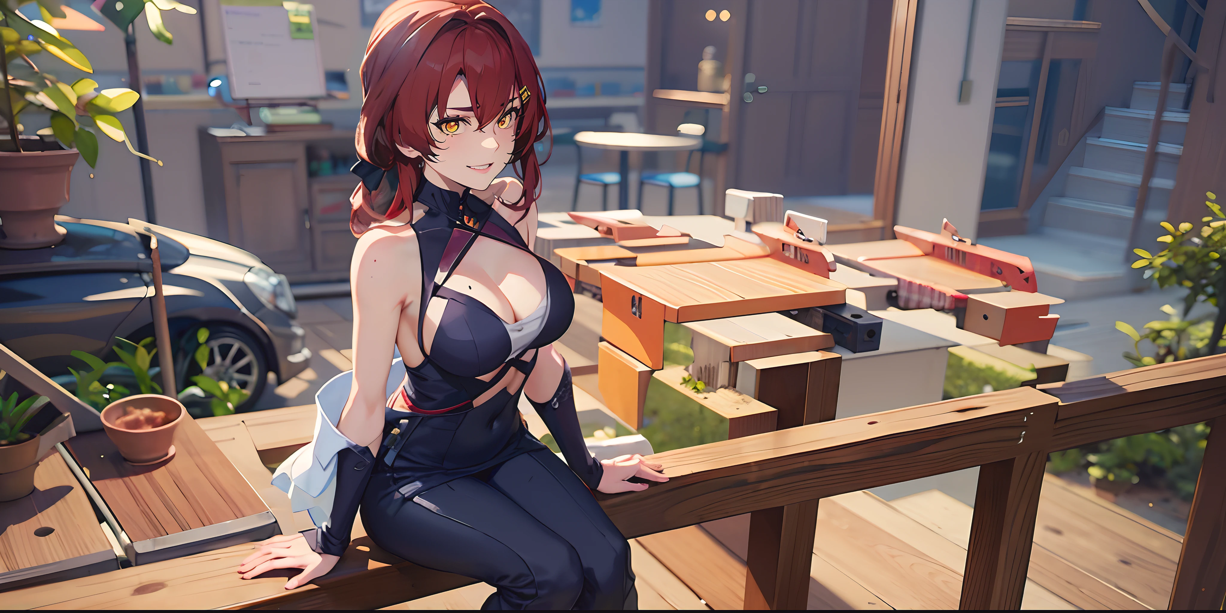 murata_himeko, (red hair, fold hair:1.6), forehead, yellow eyes, sweating, glowing eyes, heavy breathing, epic art, fantasy art, breasts, 1girl, sitting, solo, cleavage, bare_shoulders, large_breasts, dress, looking_at_viewer, sleeveless, outdoors, plant, cleavage_cutout, sleeveless_dress, purple_dress, blue_dress, potted_plant, covered_navel, day, glow effects, godrays, Hand drawn, render, 8k, octane render, cinema 4d, blender, dark, atmospheric 4k ultra detailed, cinematic, Sharp focus, big depth of field, Masterpiece, colors, 3d octane render, 4k, concept art, trending on artstation, hyperrealistic, Vivid colors, extremely detailed CG unity 8k wallpaper, trending on CGSociety, Intricate, High Detail, dramatic,