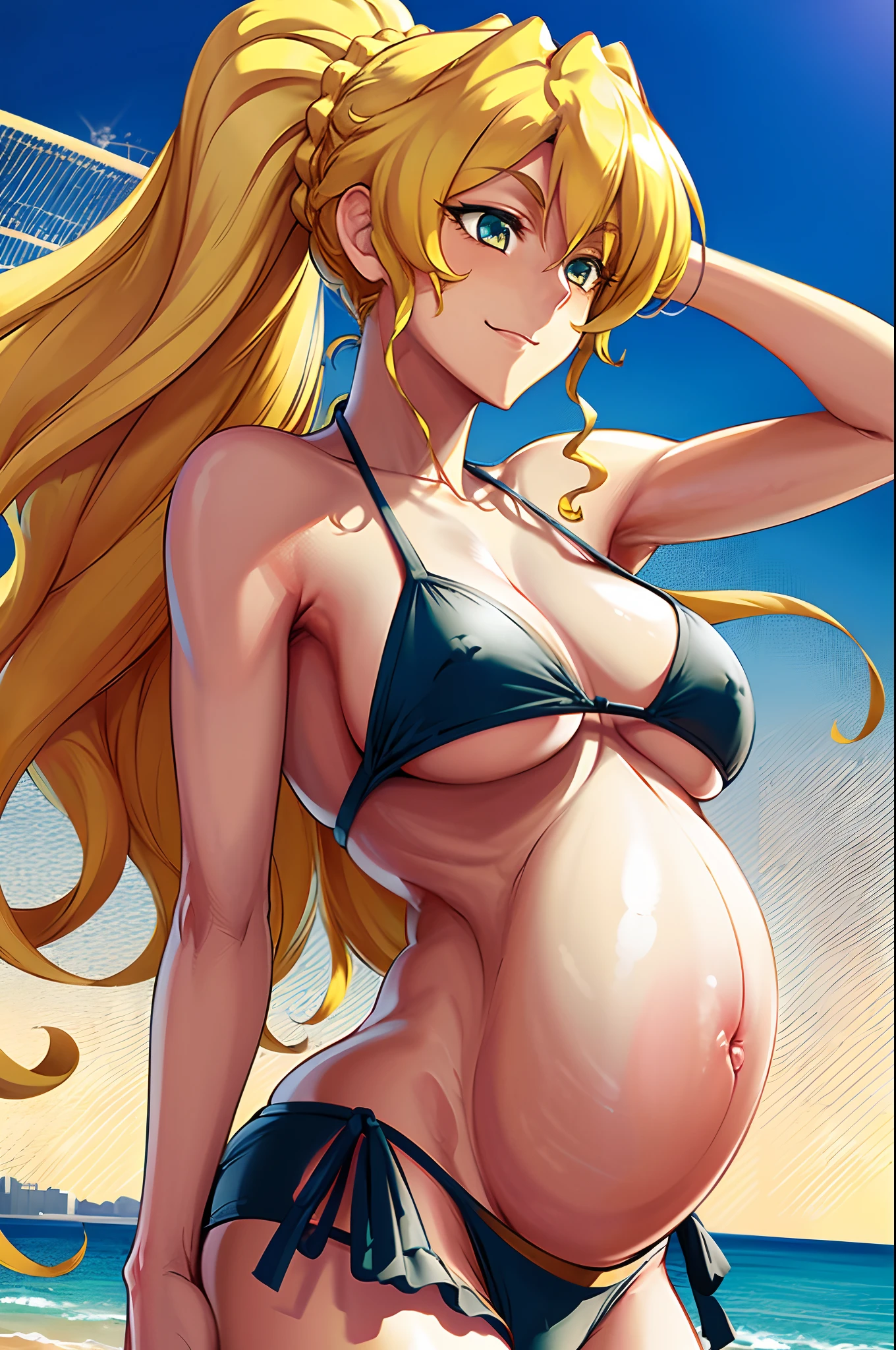 masterpiece, best quality, 1girl, alicetaria,blonde hair, long hair, ponytail, blue eyes, t, solo, simple background, bikini, beach, , alicetaria ,a smile ,Pregnant, tall woman