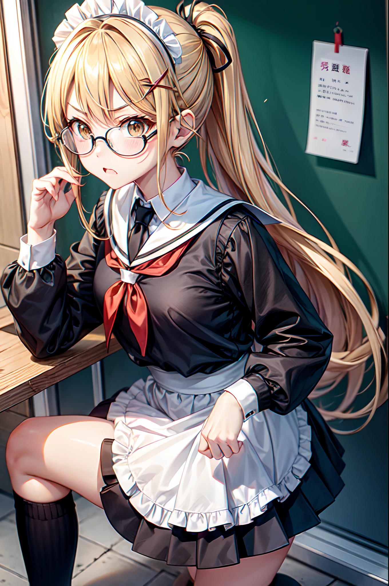 Best Quality、Very cute、put on glasses、Black knee-high socks up to the thighs、Kamimei、Angry face、Short ponytail、Standing picture、、Golden hair、maid clothes 、Black knee-high socks、teens girl、Hand over your lunch、Spread your hands、tilt the neck、I want to blush、Staring at this、School rooftop、X-shaped hair ornament on the head、Draw up to the knee、Colored leaves