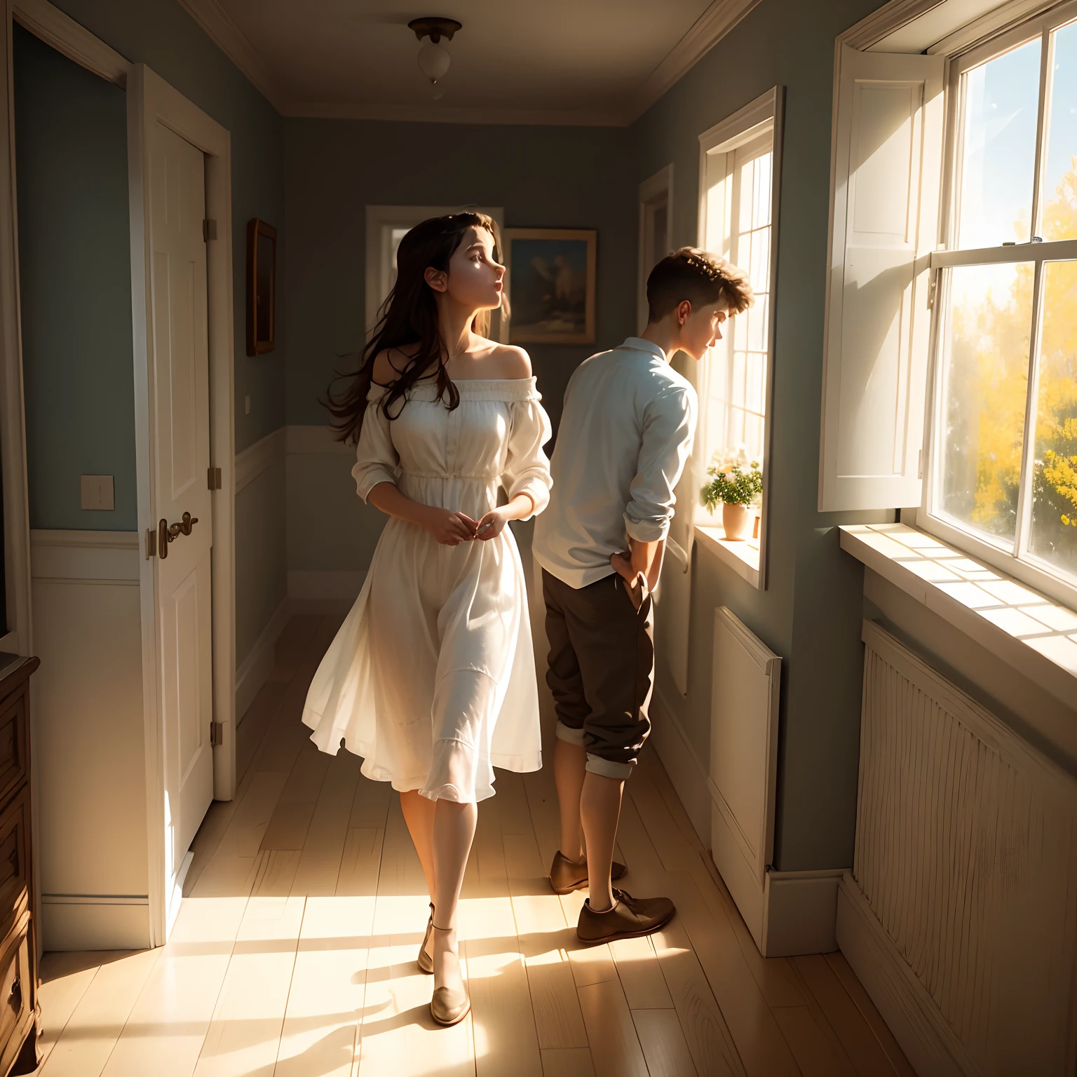 A dreamlike painting of a boy and a girl in an argument . Sunlight filters through large windows, jetant une douce lueur sur leurs visages, Brighten up the room with a tranquil ambience. The brushstrokes are loose and expressive, Capturing the warmth and intimacy of the moment, Acrylic painted on canvas using a palette knife for texture and bright colors,