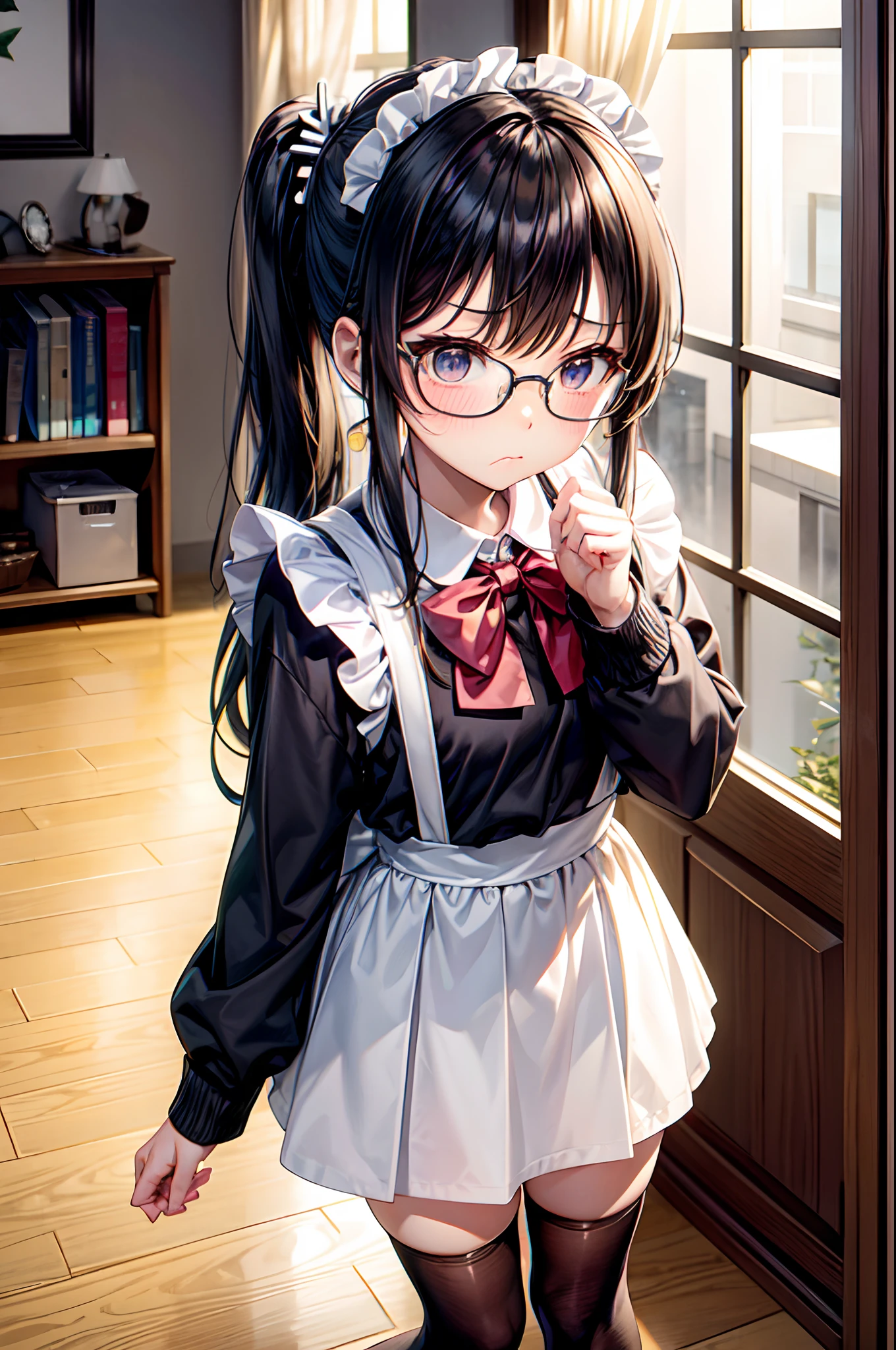 masterpiece, highest quality, Very detailed, 16k, Ultra-high resolution, Cowboy Shot, Detailed face, Perfect Fingers, *********** female,  black eye, Black Hair, Shortcuts, Glasses, (Blue Apron Dress:1.2, White blouse:1.2, flare skirt:1.2, Drawers:1.2, Black shoes:1.2), Luxurious Western-style building, library, Bookshelf, table, Black tea, cake, from below:1.5