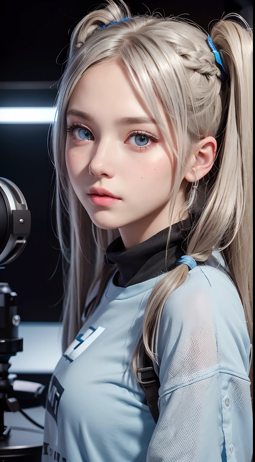 Teenage female with pigtails, cute face, silver hair, and light brown ombre hair, blue left eye and brown right eye heterochromia eyes, doing recording in studio, (best quality, 4k, highres, ultra-detailed), realistic, HDR, studio lighting, professional, vivid colors.