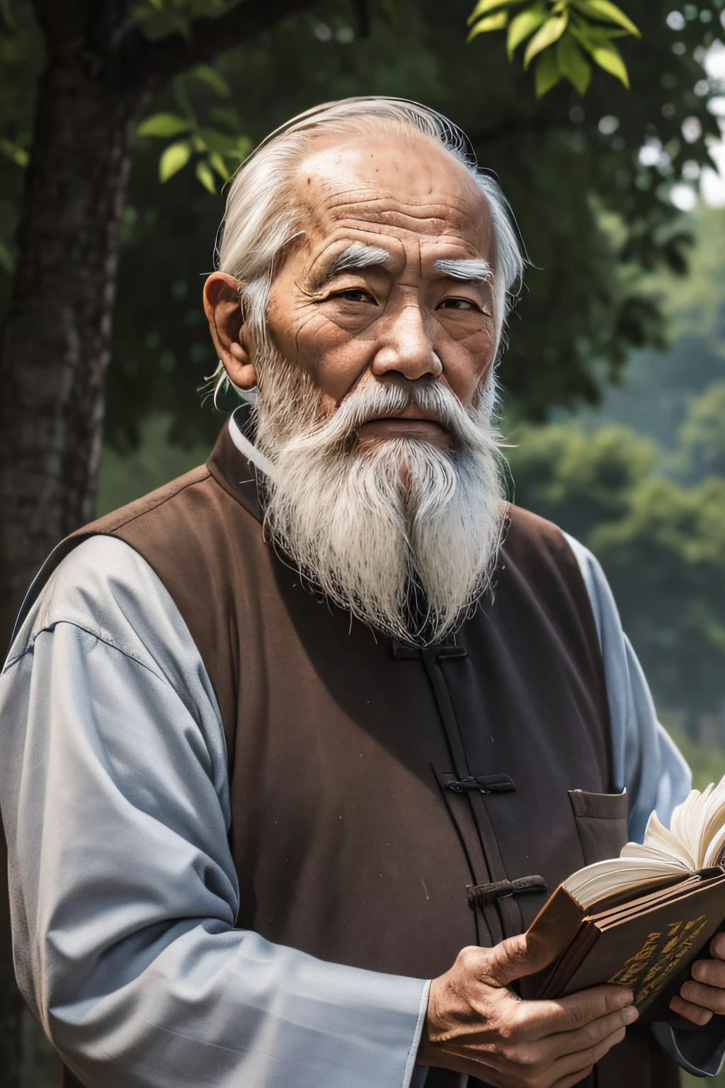 An old man with traditional Chinese thinking，Real frontal photos，Authentic background，The background is nature，Holding a book，worn-out clothing，Face full of wrinkles，80-year-old man，Wise eyes，The beard is white，male people，country style