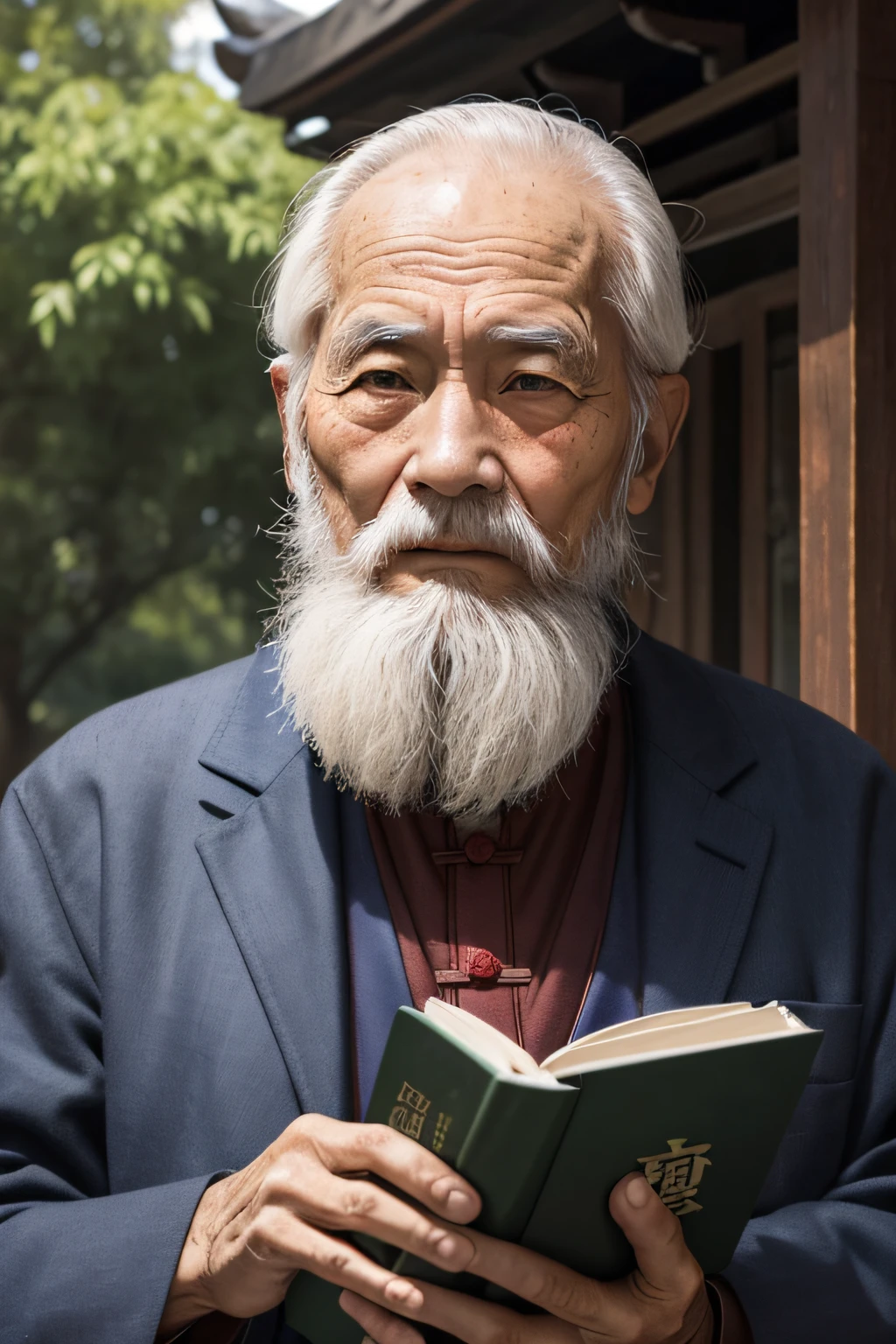 An old man with traditional Chinese thinking,Real frontal photos,Authentic background,The background is nature,Holding a book,worn-out clothing,Face full of wrinkles,80-year-old man,Wise eyes,The beard is white,male people,country style