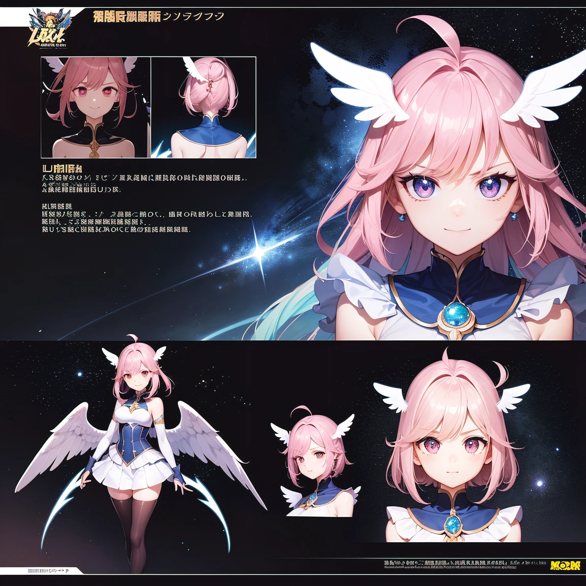 (reference sheet:1.4), (comic_layout:1.3), magical girl, multiple girls, face focus, perfect detailed eyes, multiple views, growing detailed eyes, angelic eyes, medium hair, brilliant white medium dress, white elbow gloves, luminescence wing hair ornament, skirt, wing brooch, medium breasts, pink hair, pink eyes, pink thigh highs, upper body, sleeveless, (burst into laughter:1.1), disdain, smile, annoyed, (brilliant colorful luminescence effect galaxy background), BREAK (best quality:1.3), (absurd resolution:1.1), (top quality:1.1), masterpiece, high resolution, immensely beautiful, extremely detailed CG, incredibly absurdres, comic