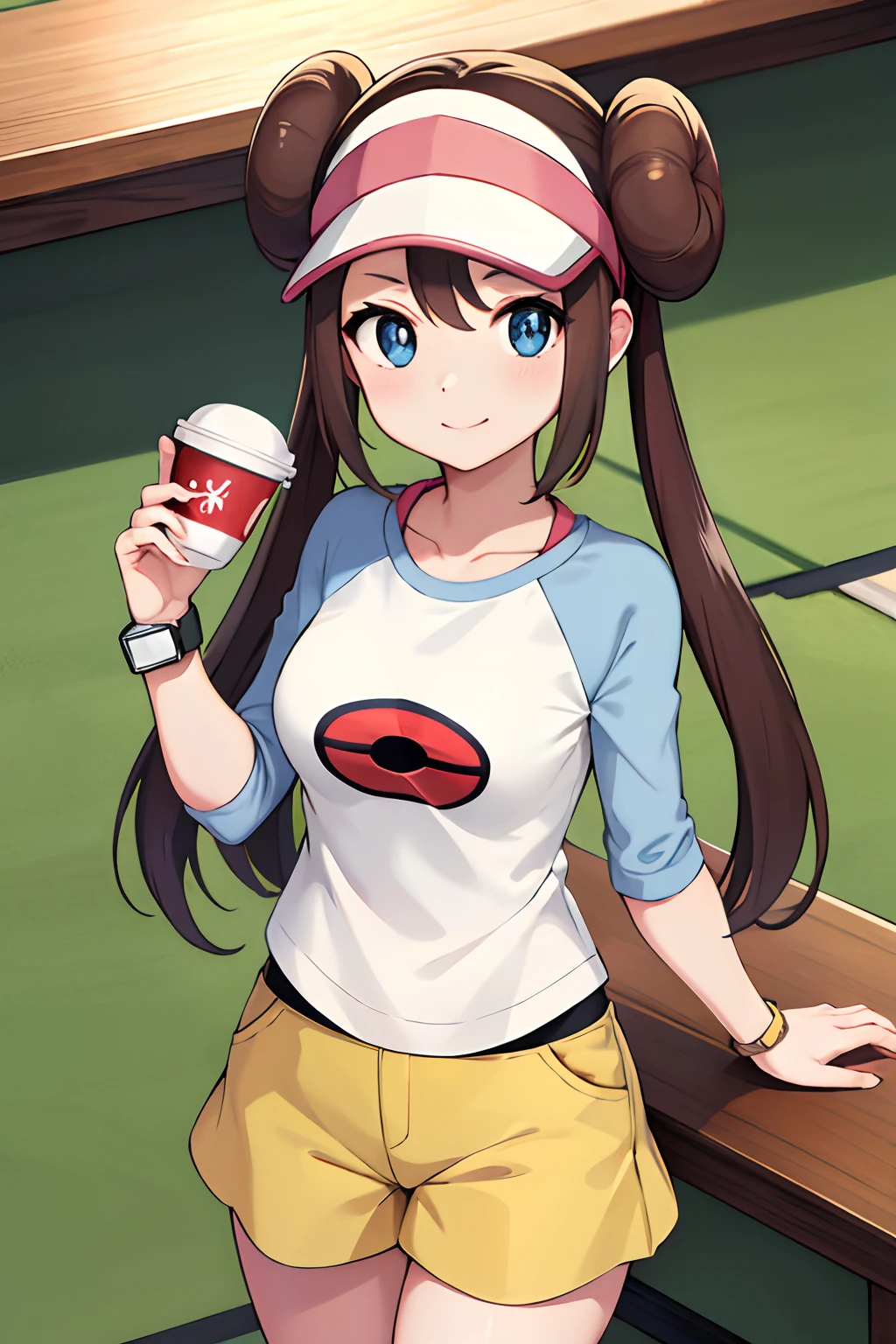 ​masterpiece, top-quality, Hi-Res, RO1, Hair buns, blue eyess, Twin-tailed, Visor Cap, panthyhose, raglan sleeves, Yellow shorts, The shirt, Pink ribbon, wrist watch, is standing, cowboy  shot, deph of field, pokeball \(basic\), a smile、drinking a cup of tea、Kotatsu