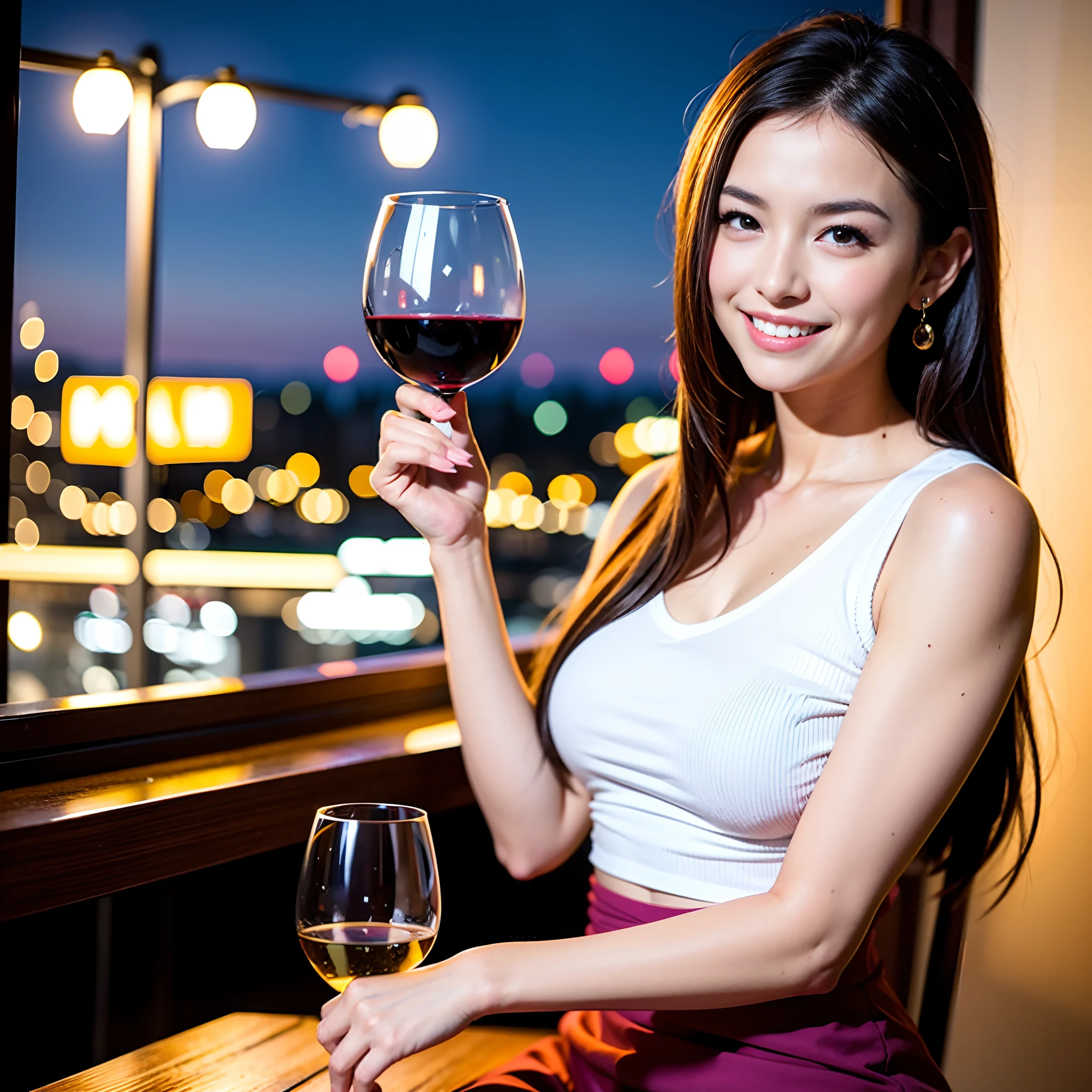 (64K, UHD, top quality, masterpiece: 1.2), (realistic, photorealistic: 1.37), super detailed, pretty woman 1 person, (slim face), (slim body), (brown hair), (short cut), cheeks slightly blushing, (35 years old), 38 years old, solo, beautiful detailed urban night view outside the window, restaurant, wine glasses sit, at night, in a prominent place (from the waist up) NovaFrogStyle, Actress, Model, Waist Up, White Wine, Slim, Wine Glass, Super Clean Night View, Wine Glass Put in the Middle, Happy Smile, (Smile: 1.15), Beautiful Fine Eyes, Upper Body, Bust Japan Up, Night, Short, Short, Actress, Model, Waist Up, White Wine, Slim, Wine Glass, Super Clean Night View, Wine Glass Put in the Middle, Happy Smile,