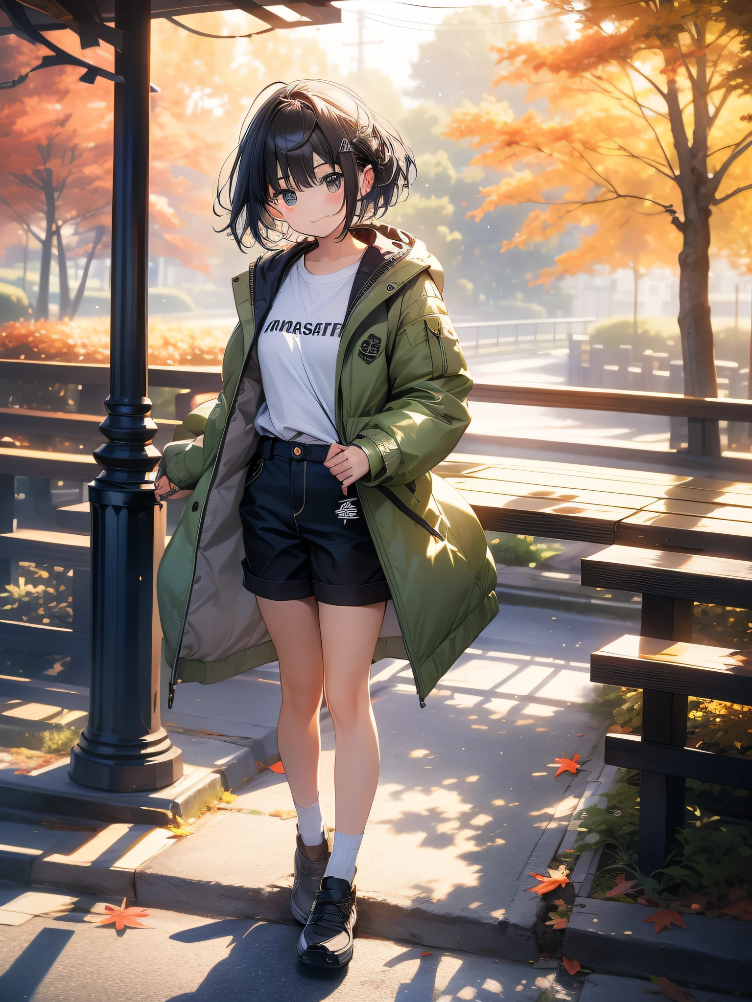 in 8K、top-quality、masterpiece、ultra-detailliert、Ultra-high resolution、((1 persons))、girl with、a short bob、a park、Short pants、parka、autumnal、Colored leaves、stroll