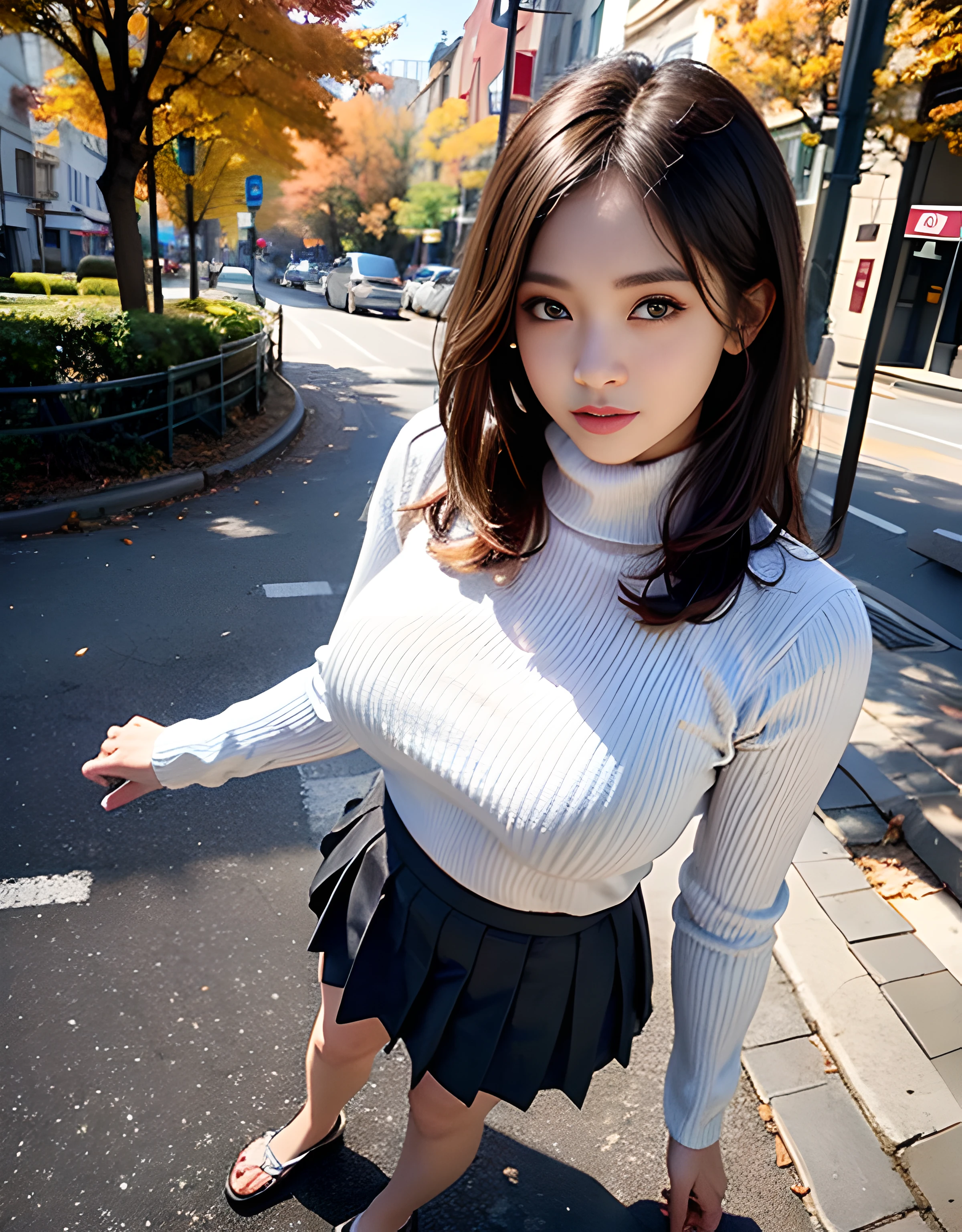 (8K high image quality), (top-quality), (RAW image quality),(masutepiece:1.2), (Realistic), (Photorealistic:1.37), Goose egg face,largeeyes,long eyelasher,Exquisite(Live-action realistic style),The Ultimate Face,Photorealistic light and shadow,Clear facial features,milky skin,Fair skin, highdetailskin,Realistic skin details,Visible Pore,(Super Detail),Hair length is random, (Flowing hair),Best portraits,Shot from a short distance, 1-girl, Cute,Beautiful detailed eyes, beautiful detailed nose, highlydetailed skin,Full body ,(eyecontact),(Colossal tits、Breast Abundance)、(Beautiful face with double eyelids),((fullbody image)), (Realism: 1.4),High image quality, excellent details, Ultra-high resolution, (Show your best smile to the audience), , favor details,,delicate and beautiful face,,20yr old,(Beautiful Face 1.4),A slender, (Knitted sweater with turtleneck:1.2)、(Pleated skirt:1.2),((Scenery with an autumn atmosphere)),Filmed in the city,(It's a full-body shot.),,Show your smile,Sexy Posing,In a fashionable café,Medium Hair