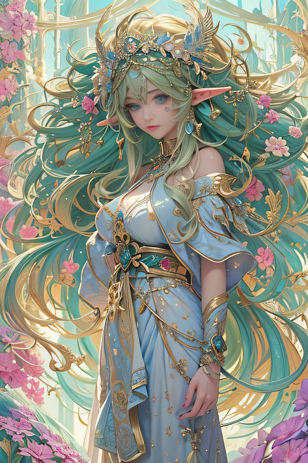 (Masterpiece, Top quality, Best quality, offcial art, Beautiful and aesthetic:1.2), (1 Elf Girl), Extremely detailed, Long invisible hair, (Fractal art:1.3),Colorful, Cinematic lighting,Turn to hand-drawn style