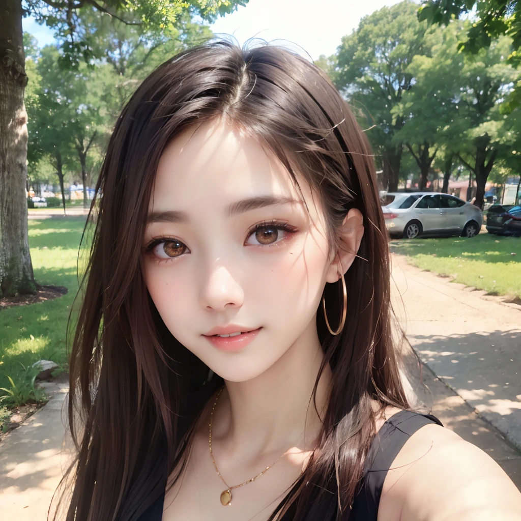 (64k, RAW photo, best quality, masterpiece:1.4), (realistic, photo-realistic:1.3), (20 years old), (1girl:1.5), (medium breasts), show cleavage, Luxurious dresses, (Insanely intricate cute face and eyes), ((face shot:1.2)), especially strong light, (upper eyes), shiny skin, (dark brown hair, semi-long cut:1.2), (flash:1.2), ((seductive posture:1.2, attractive:1.2)), ((good anatomy: 1.2)), perfect face:1.2, portrait, cowboy shot, close up:1.3, (charming smile), makeup, lipgloss, blush cheeks, Detailed teeth, Detailed mouth, a necklace, piercings, Bracelet, break, (in the park)