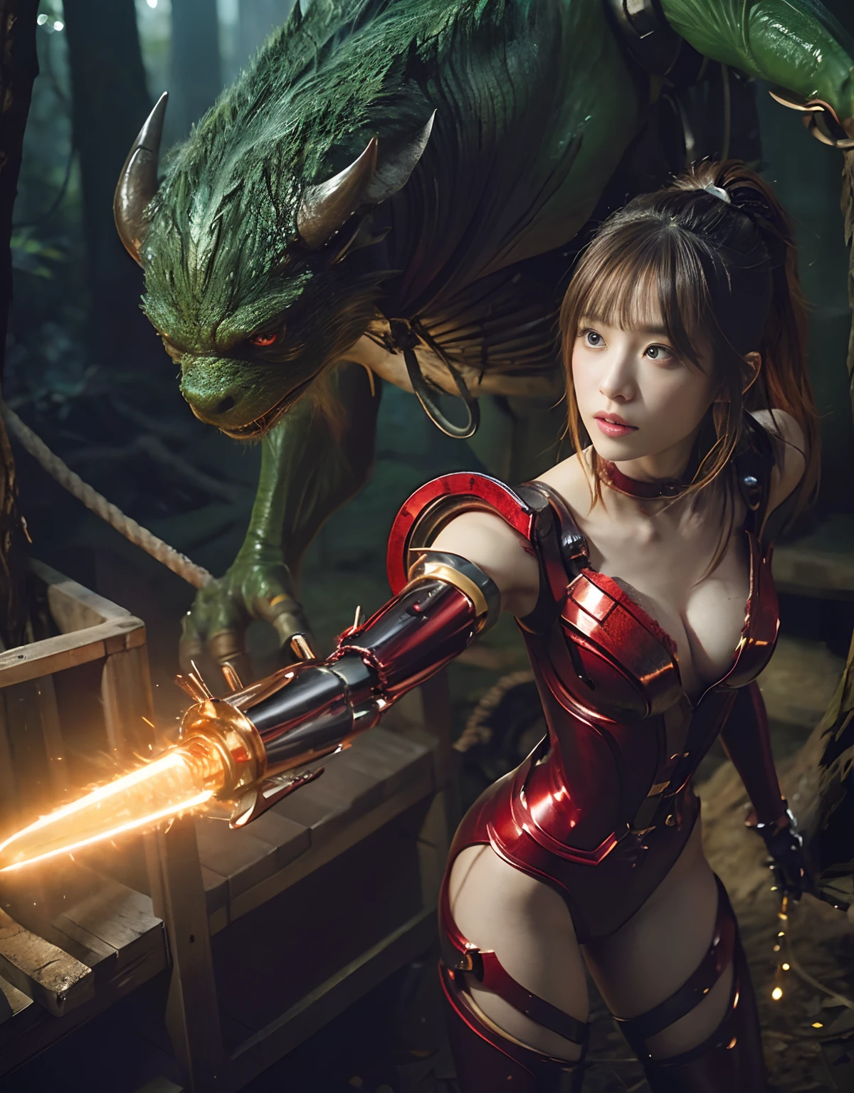 (1 Mechanical Girl)、top-quality、​masterpiece、超A high resolution、(Photorealsitic:1.4)、Raw photo、女の子1人、Fight mutants、glowy skin、(((1 Mechanical Girl)))、With a beautiful knife、（Yellow Metal Bodysuit）、(Kobold、ogre、Fierce battle with orcs),（Fight fiercely against aliens）、Fight fiercely、(beautiful forest background)、(Fighting Demonic Beasts)、(Small LED)、((super realistic details))、portlate、(Strong giant demon beast background),globalillumination、Shadow、octan render、8K、ultrasharp、Colossal tits、Raw skin is exposed in cleavage、metals、Details of complex ornaments、Japan details、highly intricate detail、Realistic light、(Mystical expression),CGSoation Trends、Red Eyes、radiant eyes、Facing the camera、neon details、(Mechanical limbs)、(blood vessels connected to tubes)、Mechanical vertebrae attached to the back、mechanical cervical attaching to neck、(Wires and cables connecting to the head)、Gundam、Small LED、,Mechanical thighs、Toostock、（Hands are also made of machines）、（Attack of the Monster Beasts）、（Wounded in a deadly battle）、