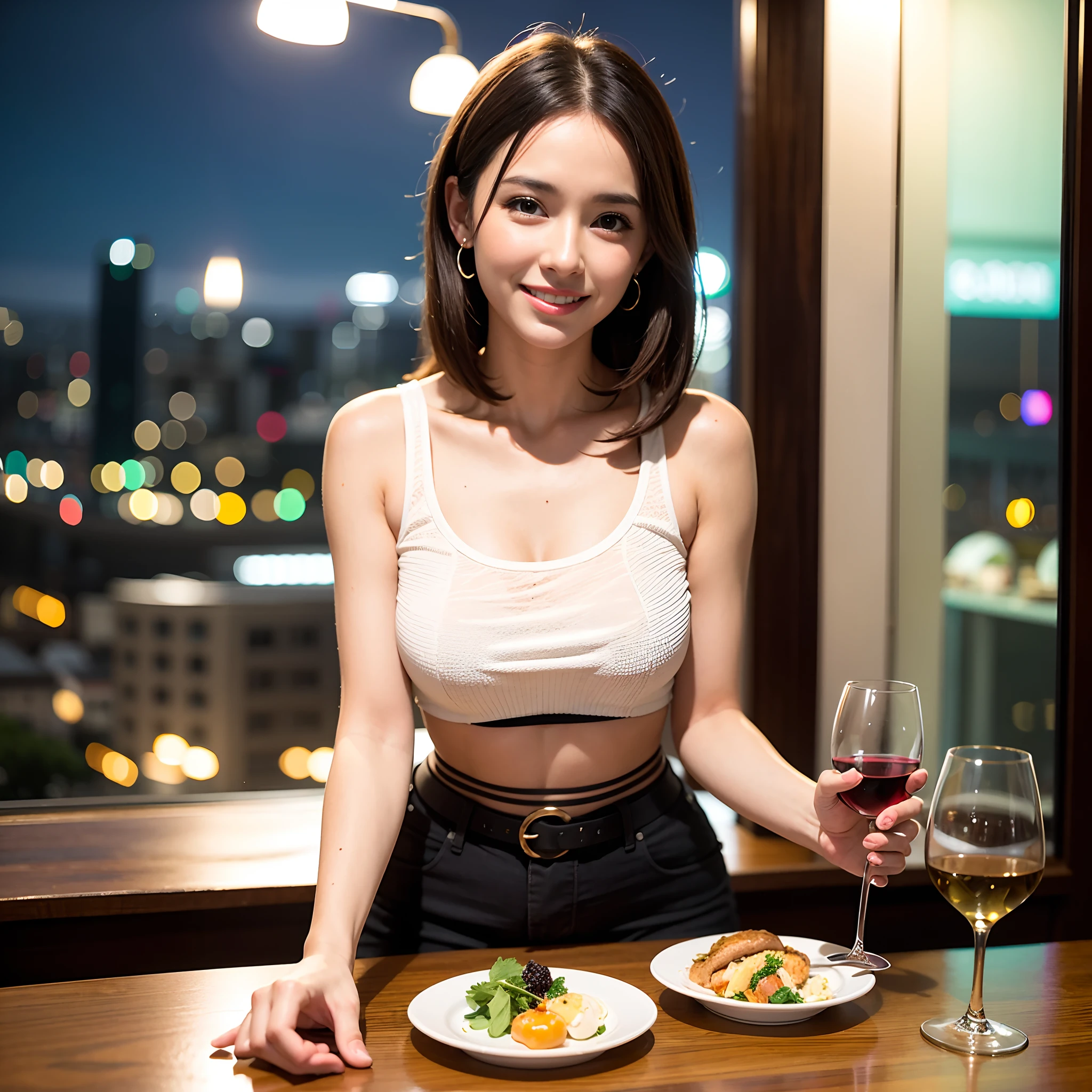 (64K, UHD, top quality, masterpiece: 1.2), (realistic, photorealistic: 1.37), super detailed, pretty woman 1 person, (slim face), (slim body), (brown hair), (short cut), cheeks slightly blushing, (44 years old), 38 years old, solo, beautiful detailed urban night view outside the window, restaurant, wine glasses sit, at night, in a prominent placeNovaFrogStyle, Actress, Model, Waist Up, White Wine, Slim, Wine Glass, Super Clean Night View, Wine Glass Put in the Middle, Happy Smile, (Smile: 1.15), Beautiful Fine Eyes, Upper Body, Bust Japan Up, Night, Short, Short, Actress, Model, Waist Up, White Wine, Slim, Wine Glass, Super Clean Night View, Wine Glass Put in the Middle, Happy Smile,
