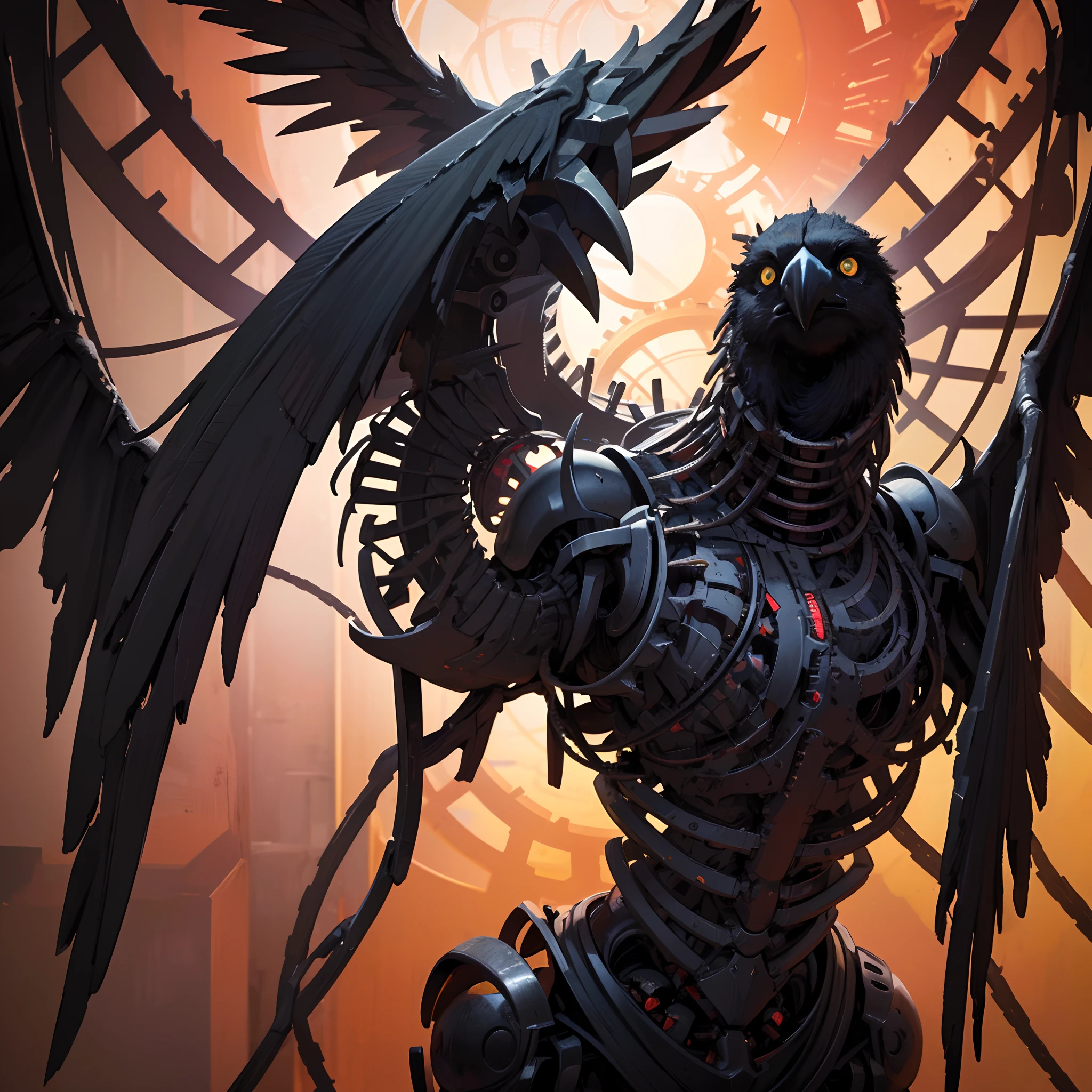 (best quality, highres, ultra-detailed, realistic:1.37), A crow whose entire body is a collection of mechanical parts, eerily glowing eyes, meticulously assembled gears, intricate metalwork, detailed wings, eerie atmosphere, dark and vibrant colors, vintage aesthetics, dimly lit scene,