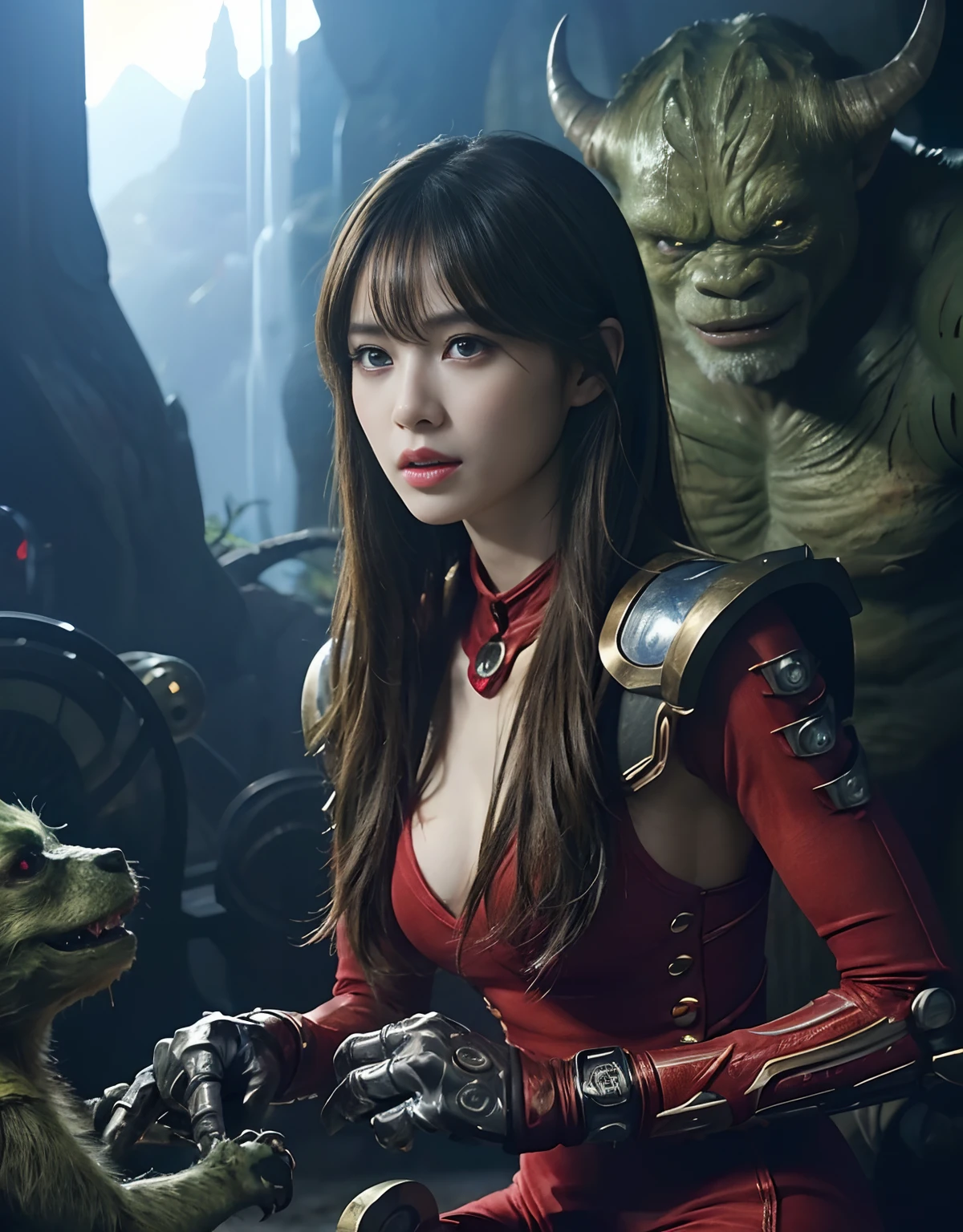 (1 Mechanical Girl)、top-quality、​masterpiece、超A high resolution、(Photorealsitic:1.4)、Raw photo、女の子1人、Fight mutants、glowy skin、(((1 Mechanical Girl)))、With a beautiful knife、（Yellow Metal Bodysuit）、(Kobold、ogre、Fierce battle with orcs),（Fight fiercely against aliens）、Precipitous cliffs、(beautiful forest background)、(Fighting Demonic Beasts)、(Small LED)、((super realistic details))、portlate、highly intricate detail、Realistic light、(Mystical expression),CGSoation Trends、(Strong giant demon beast background),globalillumination、Shadow、octan render、8K、ultrasharp、Colossal tits、Raw skin is exposed in cleavage、metals、Details of complex ornaments、Japan details、highly intricate detail、Realistic light、(Mystical expression),CGSoation Trends、Red Eyes、radiant eyes、Facing the camera、neon details、(Mechanical limbs)、(blood vessels connected to tubes)、Mechanical vertebrae attached to the back、mechanical cervical attaching to neck、(Wires and cables connecting to the head)、Gundam、Small LED、,Mechanical thighs、Toostock、（Hands are also made of machines）、（Attack of the Monster Beasts）、