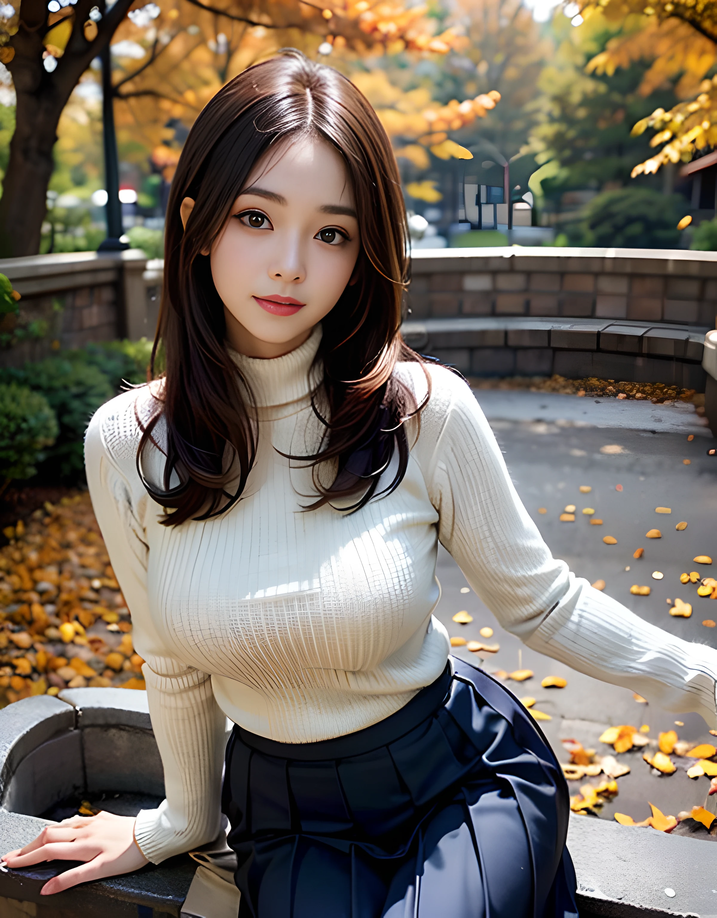 (8K high image quality), (top-quality), (RAW image quality),(masutepiece:1.2), (Realistic), (Photorealistic:1.37), Goose egg face,largeeyes,long eyelasher,Exquisite(Live-action realistic style),The Ultimate Face,Photorealistic light and shadow,Clear facial features,milky skin,Fair skin, highdetailskin,Realistic skin details,Visible Pore,(Super Detail),Hair length is random, (Flowing hair),Best portraits,Shot from a short distance, 1-girl, Cute,Beautiful detailed eyes, beautiful detailed nose, highlydetailed skin,Full body ,(eyecontact),(Colossal tits、Breast Abundance)、(Beautiful face with double eyelids),((fullbody image)), (Realism: 1.4),High image quality, excellent details, Ultra-high resolution, (Show your best smile to the audience), , favor details,,delicate and beautiful face,,20yr old,(Beautiful Face 1.4),A slender, (Knitted sweater with turtleneck:1.2)、(Pleated skirt:1.2),(Scenery with an autumn atmosphere),Filmed in the city,(It's a full-body shot.),,Show your smile,Inside a fashionable coffee shop,Medium Hair