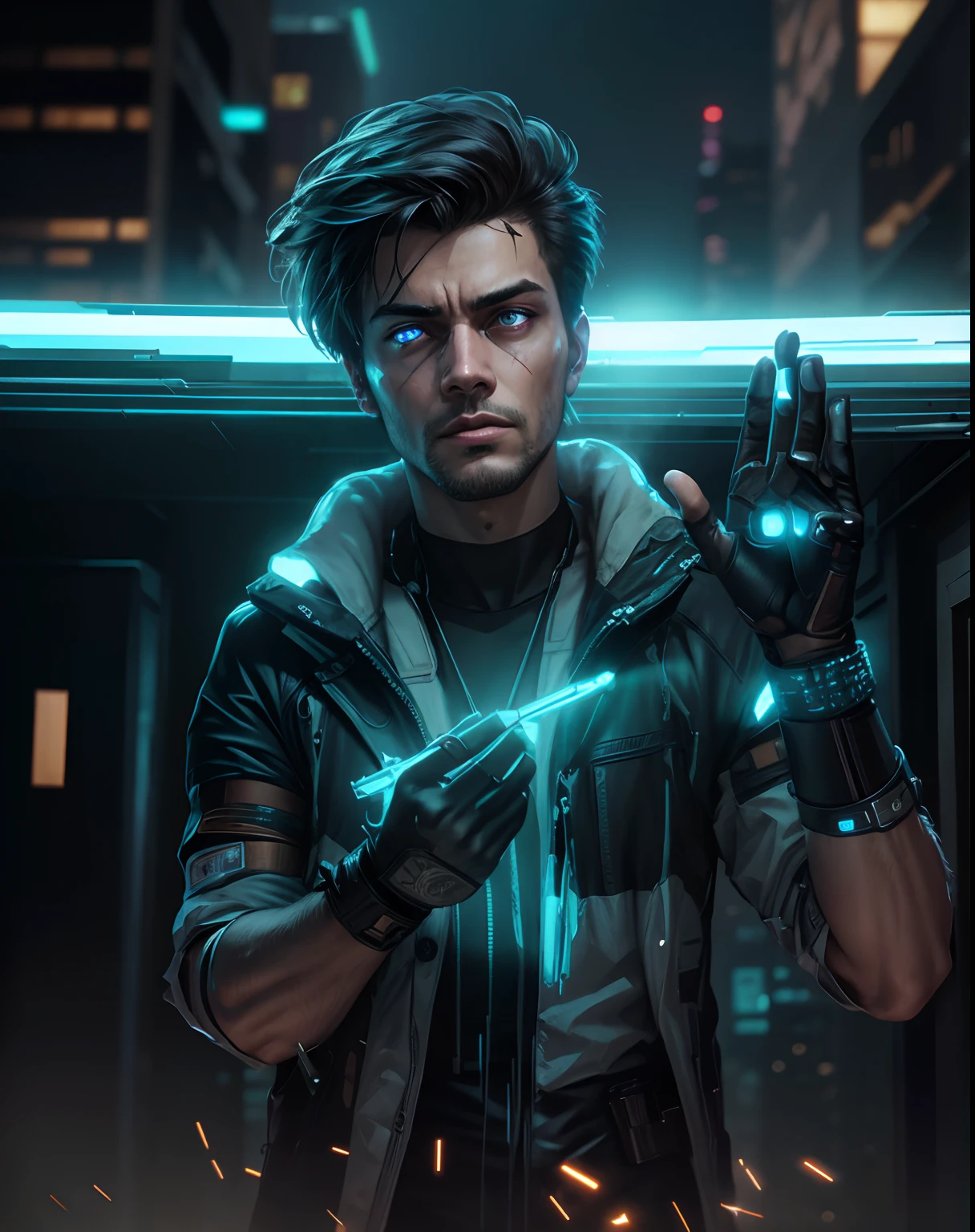 Broken ,lighting city background ,cyberpunk,sed,realistic face men