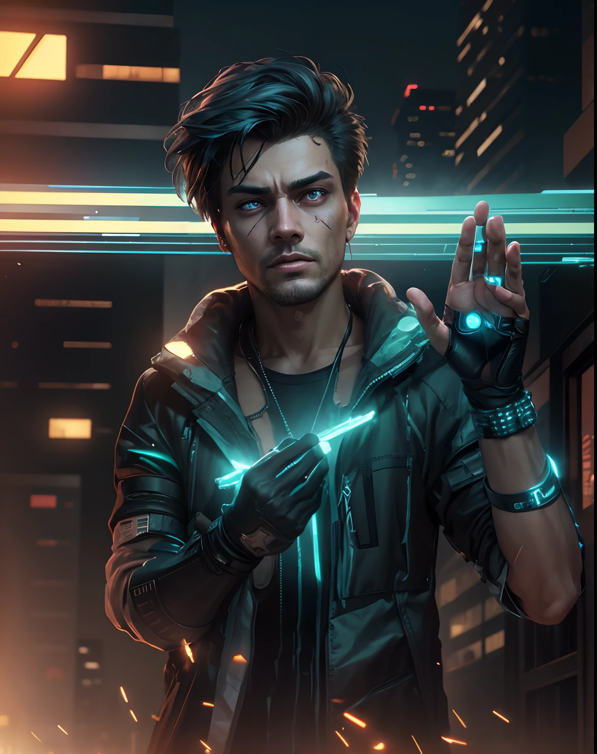 Broken ,lighting city background ,cyberpunk,sed,realistic face men