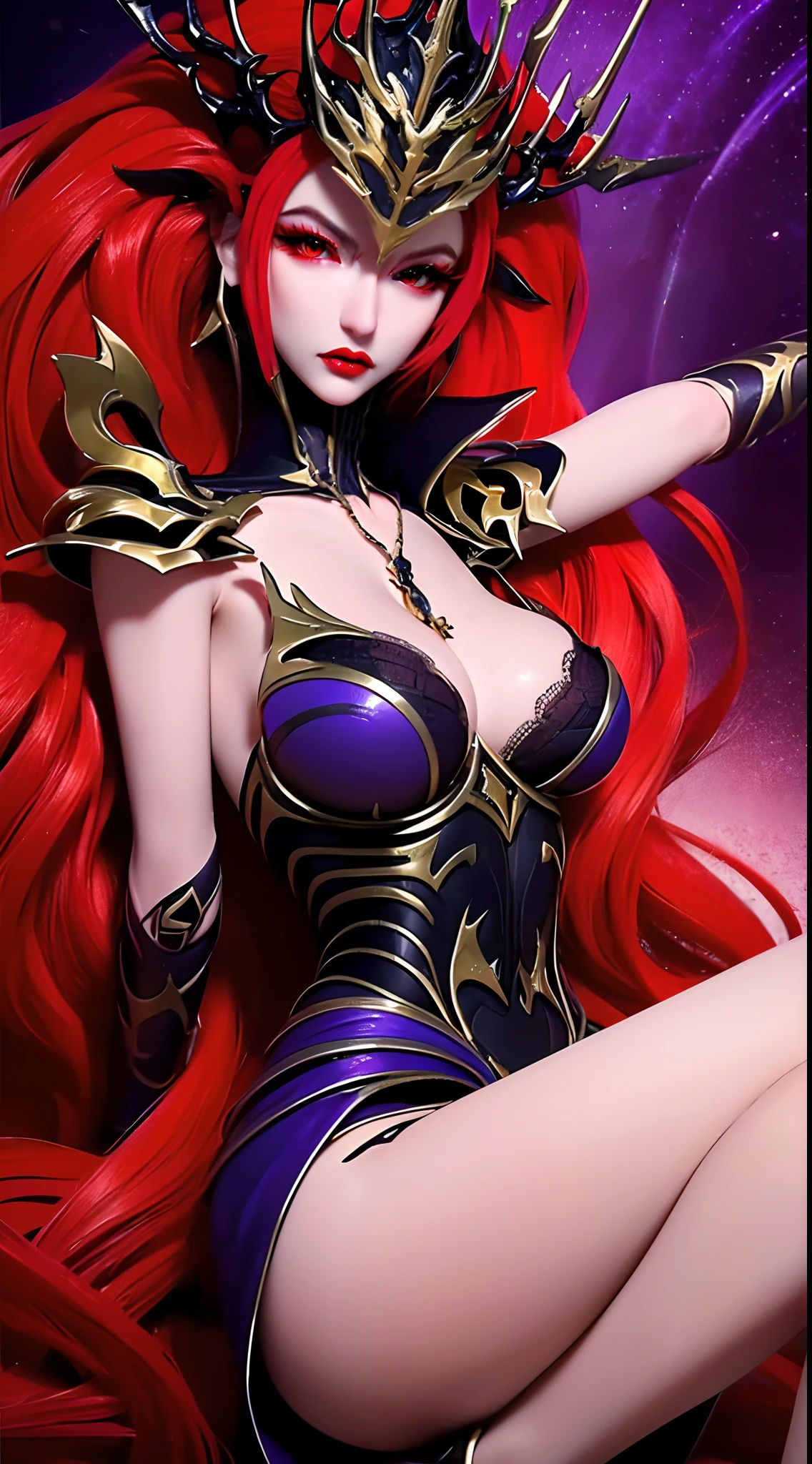 1 beautiful and y 20 year old girl, ((wearing traditional Hanfu armor with main colors purple and red:1)), not wearing pants, sexanfu style, ((long red hair:1.7)), jewelry elaborately made from precious stones and beautiful hair, ((wearing a 24k gold lace necklace:1.4)), the noble, noble style of an extremely beautiful girl, her small face is super cute, her face is very pretty, thin eyebrows, flawless beautiful face, ((black eye pupils: 0.8)), very beautiful eyes, ((light red eyes: 1)), (((big round eyes:1.6))), nice makeup and hair detailed eyelashes, steamy eye makeup, high nose, earrings, red lips, ((closed mouth: 1.5)) beautiful lips, slim hands, most beautiful thighs, ((arms spread out to the sides: 1.5)), rosy face, clean face, flawless beautiful face, smooth white skin, (big br), tight breasts, beautifuage, (((big breastser round: 1.8ful breasts, perfect body, ((put girl's arms ber back:1.6)), chest out, sit down on the bed, ((Open your legs:1.5)), not ashamed, 8k photo, super high quality, super realistic, super 10x pixels, optical, bright studio, bright edges, dual-tone lighting, (high-detail skin:1.2), super 8k, soft lighting, high quality, volumetric lighting, photorealistic, photorealistic high resolution, lighting, best photo, 4k, 8k quality, smooth sharp, 10x pixel, ((royal villa background:1.5)), aurora, lightning, super graphics realistic, most realistic graphics, 1 girl, alone, solo, Extremely sharp image, surreal, ((portrait:1.5))."
