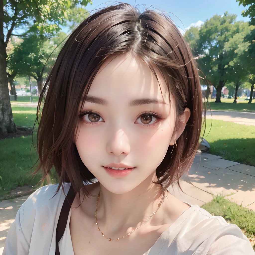 (64k, RAW photo, best quality, masterpiece:1.4), (realistic, photo-realistic:1.3), (20 years old), (1girl:1.5), (medium breasts), show cleavage, Luxurious dresses, (Insanely intricate cute face and eyes), ((face shot:1.2)), especially strong light, (upper eyes), shiny skin, (dark brown hair, semi-long cut:1.2), (flash:1.2), ((seductive posture:1.2, attractive:1.2)), ((good anatomy: 1.2)), perfect face:1.2, portrait, cowboy shot, close up:1.3, (charming smile), makeup, lipgloss, blush cheeks, Detailed teeth, Detailed mouth, a necklace, piercings, Bracelet, break, (in the park)