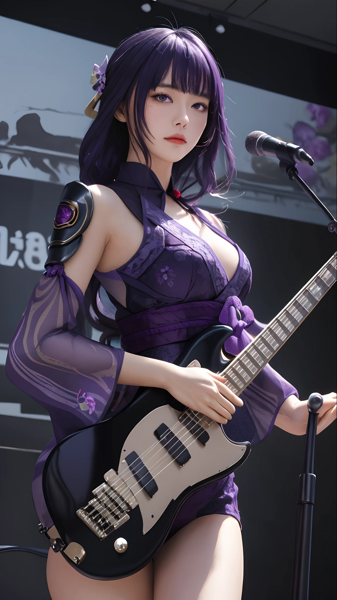 Best quality,Masterpiece,8K wallpaper,absurderes, A high resolution, Ultra detailed, (ung and beautiful girl, Solo:1.1),Solo, Raiden Shogun, Japanese clothes, Long hair, upper legs, bangs, hair adornments, Breasts, Purple hair,Shoulder armor, obijime, Armor, purple flower, ribbon,Moles under eyes, flower,Island of dreams: A place to fulfill your deepest desires,Anime texture,be on stage,plays the guitar