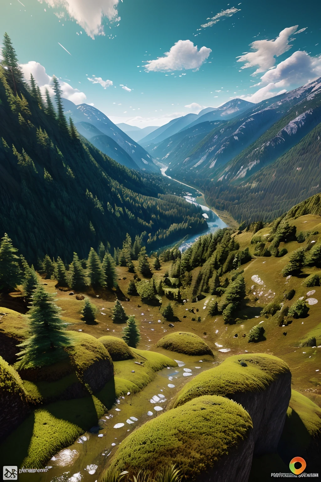 Beautiful serene steep mountain, majestic, landscape, highly detailed, | Psychedelic, (forest background)),mossy Isometric, epic Instagram, artstation, Dripping Abstract Paint, splash style of colorful paint, contour, hyperdetailed intricately detailed , Vibrant Colors, unreal engine, fantastical, intricate detail, splash screen, complementary colors, fantasy concept