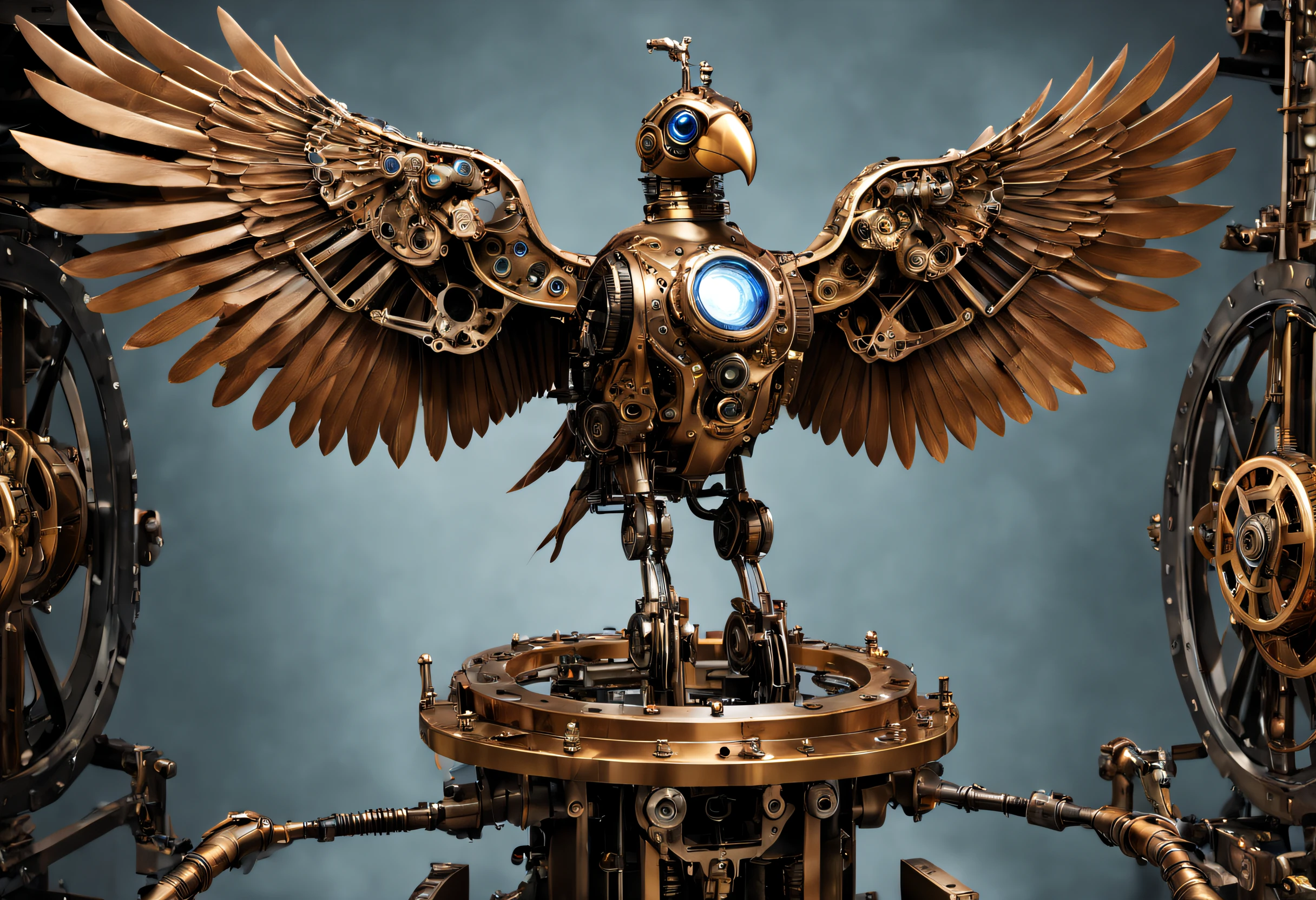mechanical eagle, gleaming metal feathers, intricate gears and cogs, sharp beak and talons, majestic wingspan, lifelike movements, (mechanical:1.1, robotic), (automaton:1.1, clockwork), (precision engineering:1.1), (metaphorical transformation:1.1) , (best quality,4k,8k,highres,masterpiece:1.2), ultra-detailed, (realistic,photorealistic,photo-realistic:1.37), (HDR), (professional), (vivid colors), (steampunk,retro-futuristic), (bronze, metallic), (dynamic pose), (illuminated by sunlight), (dramatic shadows), (subtle reflections), (detailed mechanical parts), (captivating gaze), (majestic flight), (powerful and graceful), (synchronized wing movements), (enigmatic presence), (artificial intelligence:1.1), (futuristic technology), (unveiling a hidden secret), (industrial setting), (mysterious atmosphere), (scientific marvel), (mesmerizing artwork), (awe-inspiring), (eye-catching).