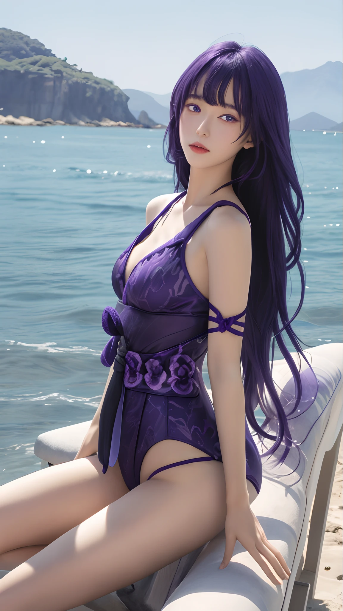 Best quality,Masterpiece,8K wallpaper,absurderes, A high resolution, Ultra detailed, (1 young and beautiful girl, Solo:1.1),Solo, Raiden Shogun, Japanese clothes, Long hair, upper legs, bangs, hair adornments, Breasts, Purple hair,Shoulder armor, obijime, Armor, purple flower, ribbon,Moles under eyes, flower,Island of dreams: A place to fulfill your deepest desires,Anime texture,Have by the sea,in a bathing suit