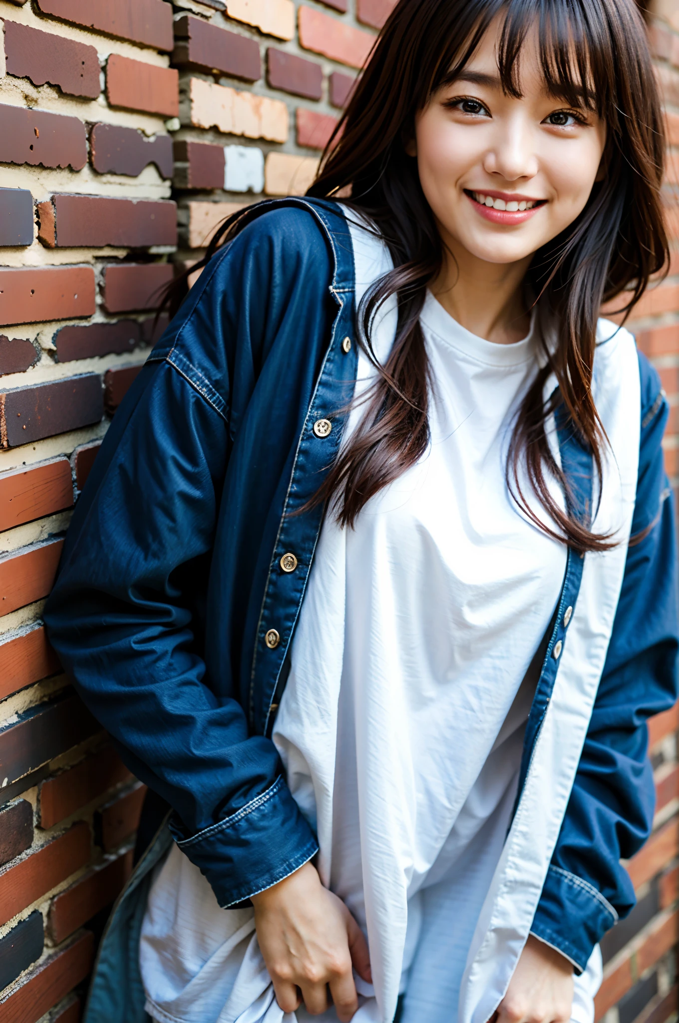 ​masterpiece, top-quality、Raw foto, Photorealsitic、1womanl、a closeup、25-years old、Yokohama Red Brick Warehouse、Leaning against the wall、oversize jacket、sideshot、Autumn clothes in warm colors、A smile、Smaller chest、Small butt、unbelievable Ridiculous、depth of fields, hight resolution, ultra-detailliert, foco nítido, Cinematic lighting、Add highlights to the eyes